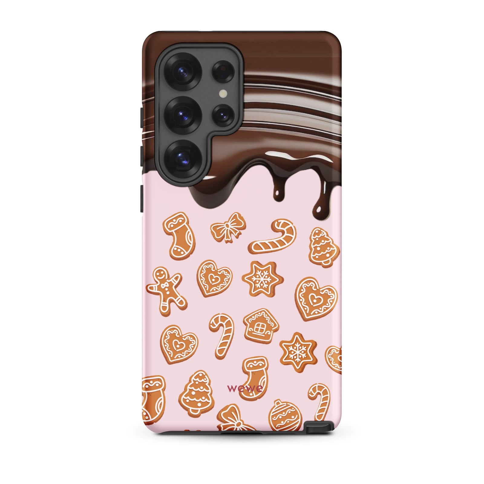 Custom samsung galaxy s25 ultra tough case featuring a top section resembling a melted chocolate bar dripping down onto a light pink background that is covered in a festive pattern of classic gingerbread cookies (gingerbread men, hearts, stars, candy canes, and trees), with 'wewe' branding at the bottom.