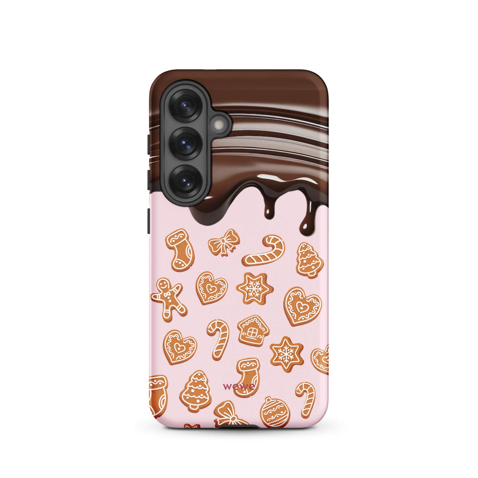Custom samsung galaxy s25 tough case featuring a top section resembling a melted chocolate bar dripping down onto a light pink background that is covered in a festive pattern of classic gingerbread cookies (gingerbread men, hearts, stars, candy canes, and trees), with 'wewe' branding at the bottom.