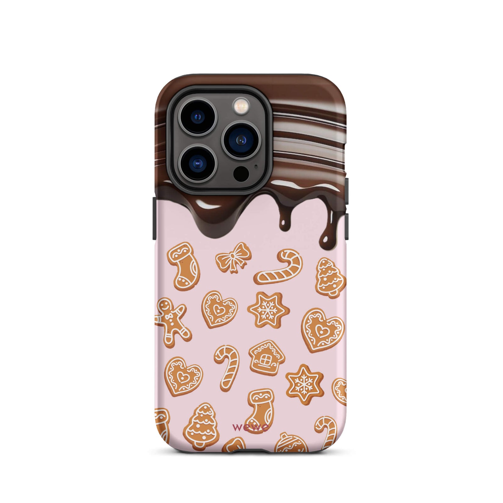 Custom iPhone 14 pro tough case featuring a top section resembling a melted chocolate bar dripping down onto a light pink background that is covered in a festive pattern of classic gingerbread cookies (gingerbread men, hearts, stars, candy canes, and trees), with 'wewe' branding at the bottom.