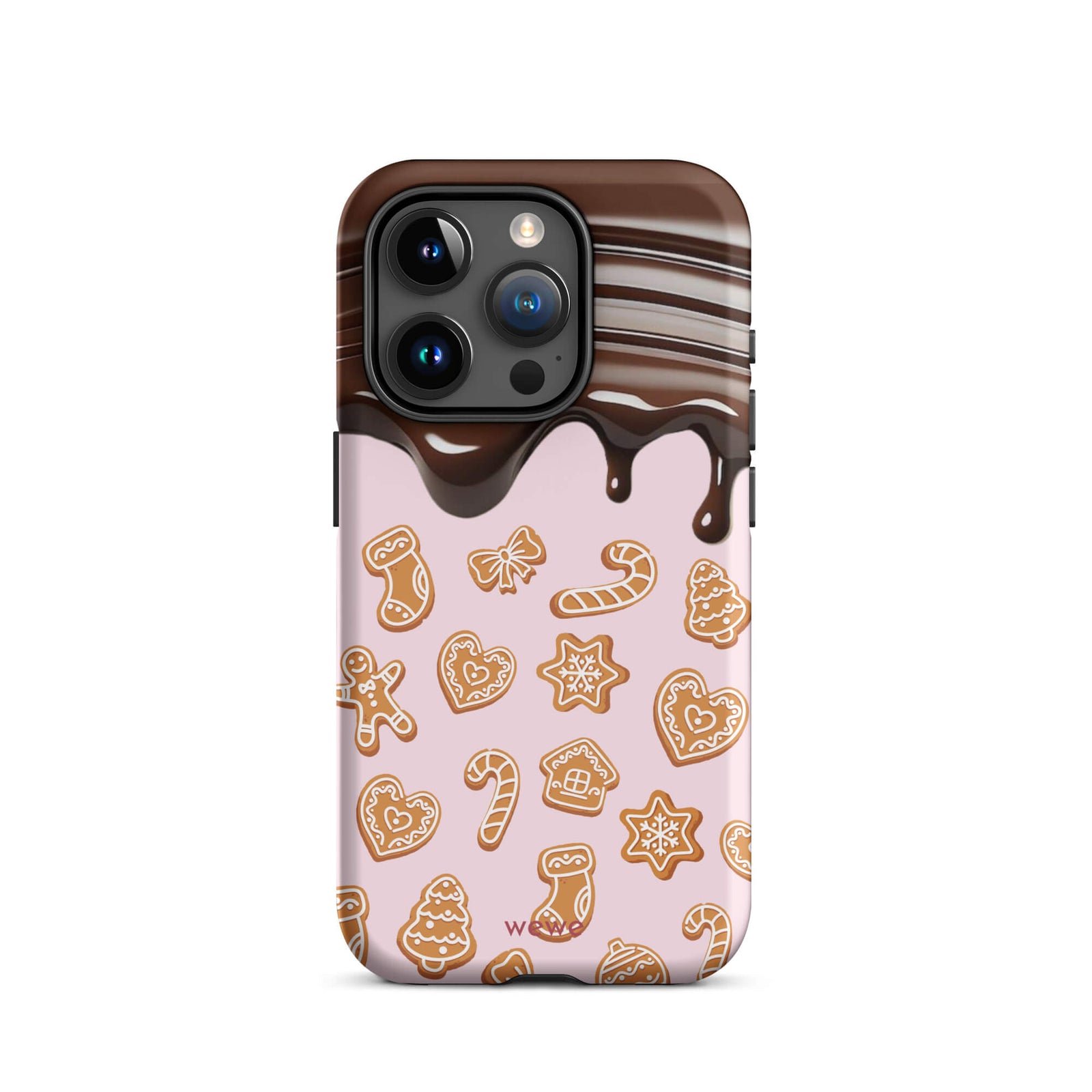 Custom iPhone 15 pro tough case featuring a top section resembling a melted chocolate bar dripping down onto a light pink background that is covered in a festive pattern of classic gingerbread cookies (gingerbread men, hearts, stars, candy canes, and trees), with 'wewe' branding at the bottom.