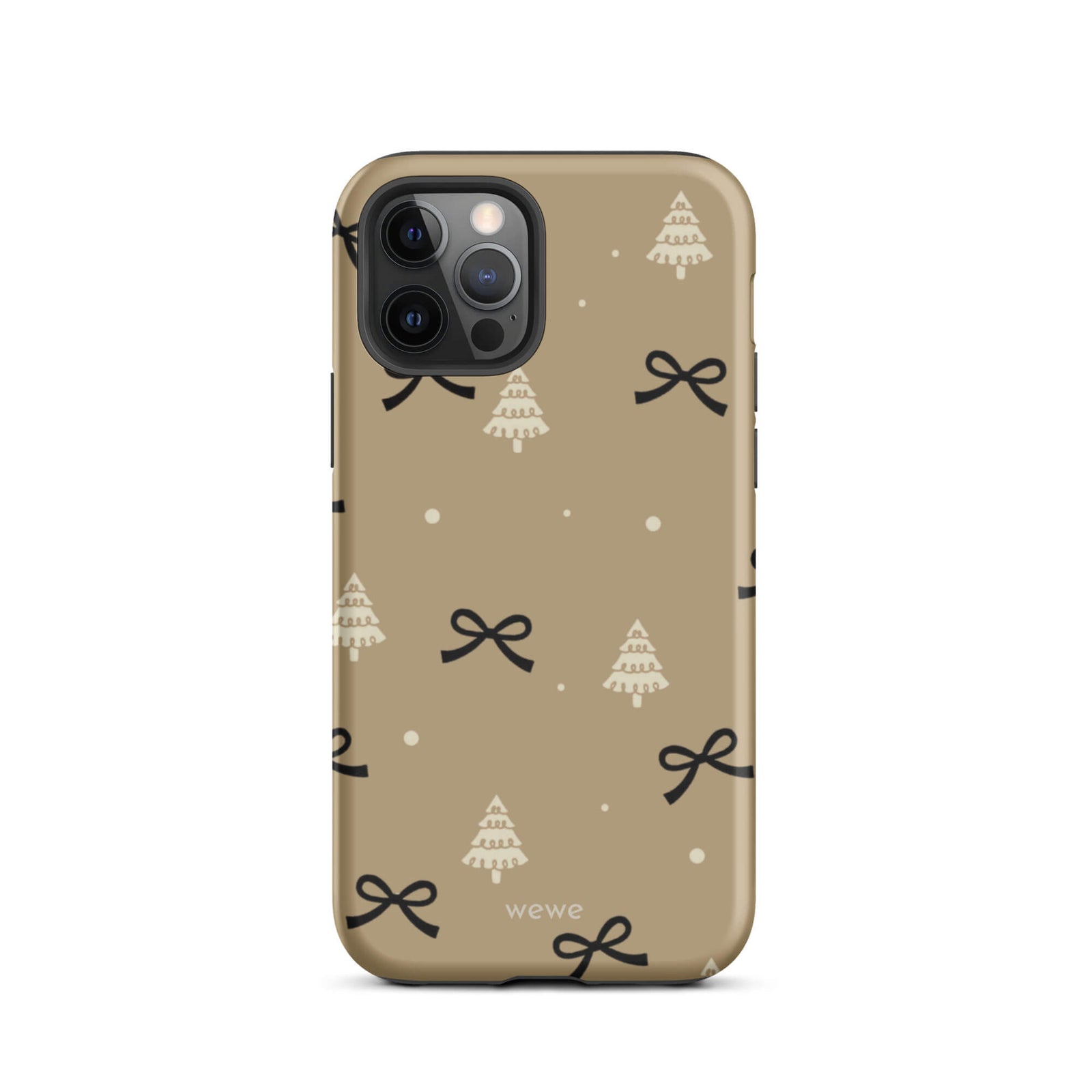 Custom iPhone 12 pro tough case in matte taupe/khaki brown featuring a scattered holiday pattern of small black bows, white doodle Christmas trees, and white snowflakes/dots, with 'wewe' branding at the bottom.