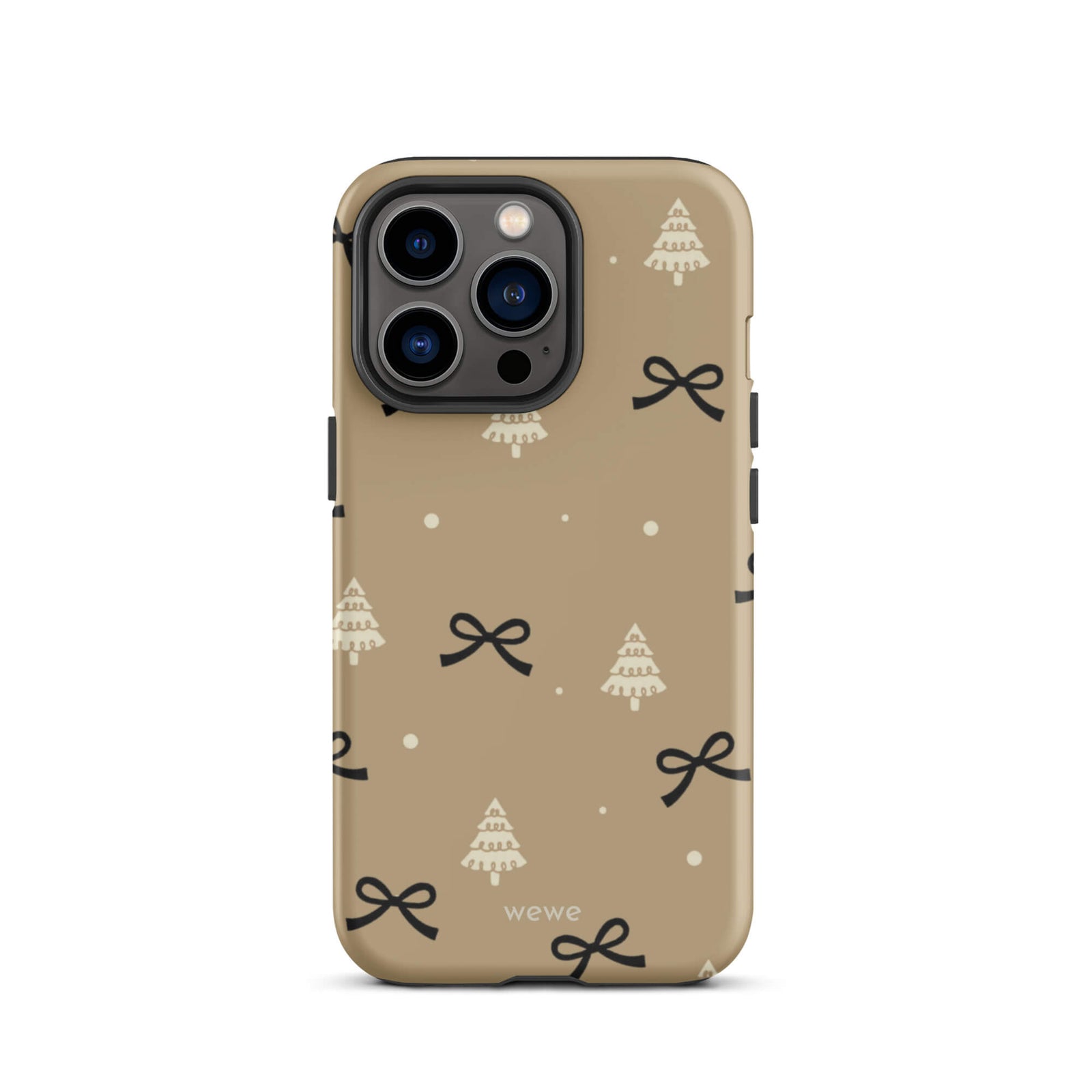 Custom iPhone 13 pro tough case in matte taupe/khaki brown featuring a scattered holiday pattern of small black bows, white doodle Christmas trees, and white snowflakes/dots, with 'wewe' branding at the bottom.