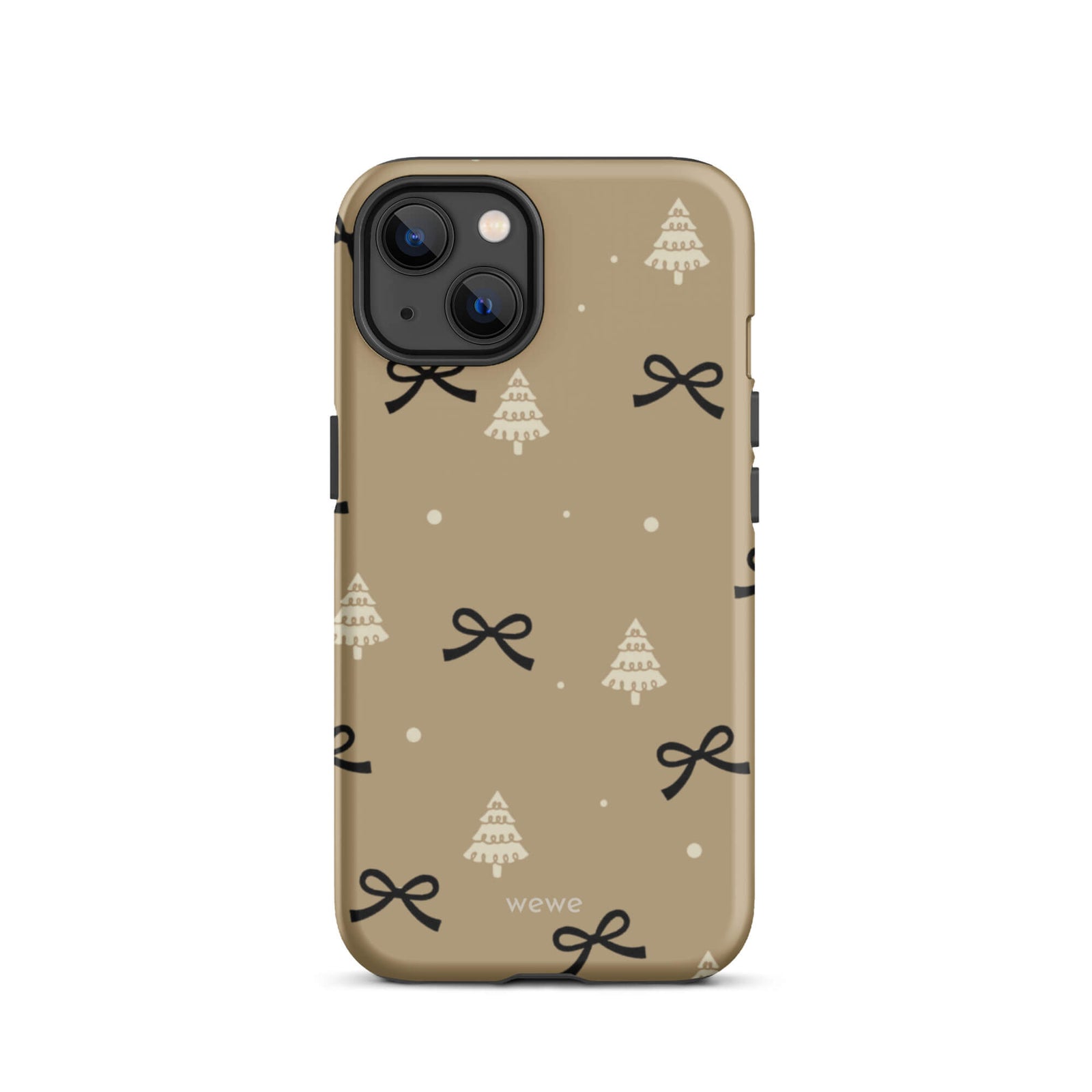 Custom iPhone 13 tough case in matte taupe/khaki brown featuring a scattered holiday pattern of small black bows, white doodle Christmas trees, and white snowflakes/dots, with 'wewe' branding at the bottom.