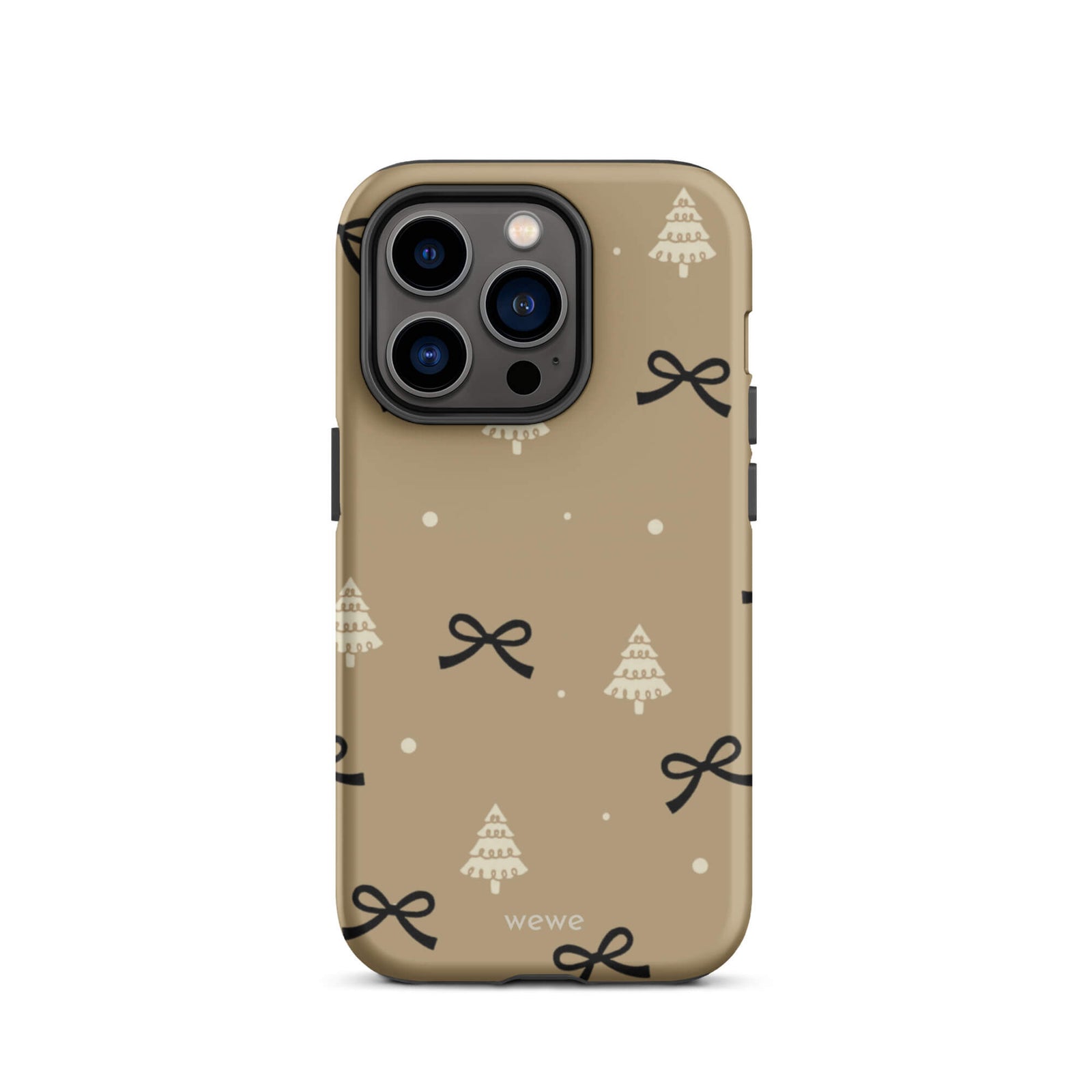 Custom iPhone 14 pro tough case in matte taupe/khaki brown featuring a scattered holiday pattern of small black bows, white doodle Christmas trees, and white snowflakes/dots, with 'wewe' branding at the bottom.