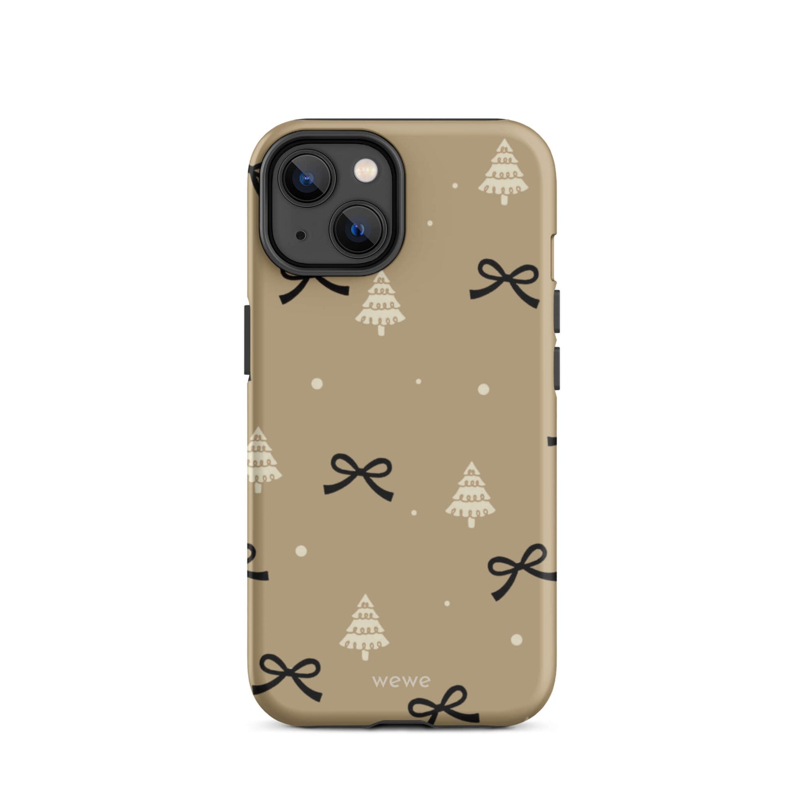 Custom iPhone 14 tough case in matte taupe/khaki brown featuring a scattered holiday pattern of small black bows, white doodle Christmas trees, and white snowflakes/dots, with 'wewe' branding at the bottom.