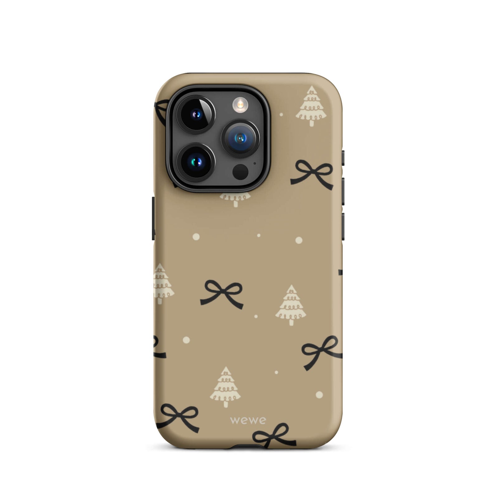 Custom iPhone 15 pro tough case in matte taupe/khaki brown featuring a scattered holiday pattern of small black bows, white doodle Christmas trees, and white snowflakes/dots, with 'wewe' branding at the bottom.