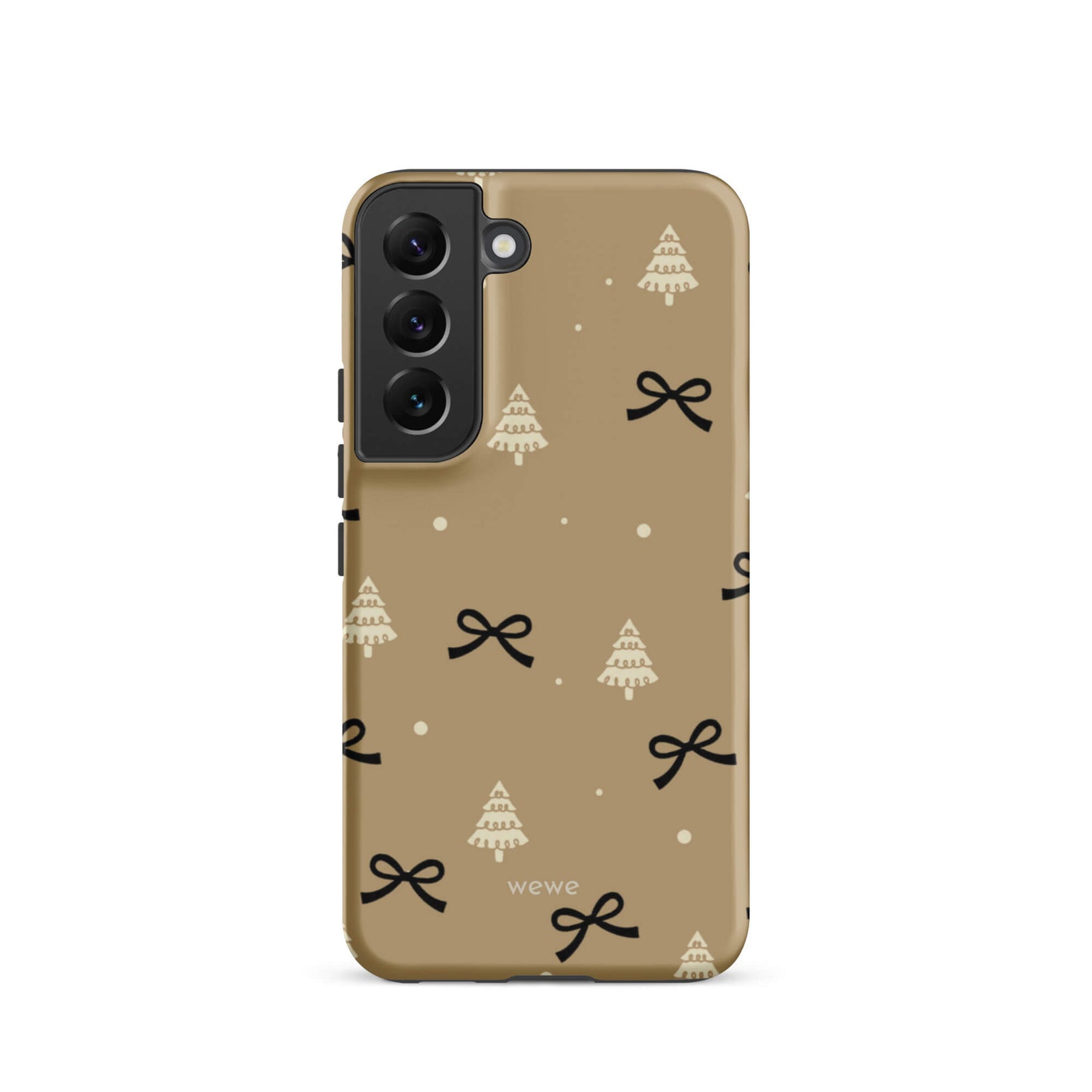 Custom samsung galaxy s22 tough case in matte taupe/khaki brown featuring a scattered holiday pattern of small black bows, white doodle Christmas trees, and white snowflakes/dots, with 'wewe' branding at the bottom.