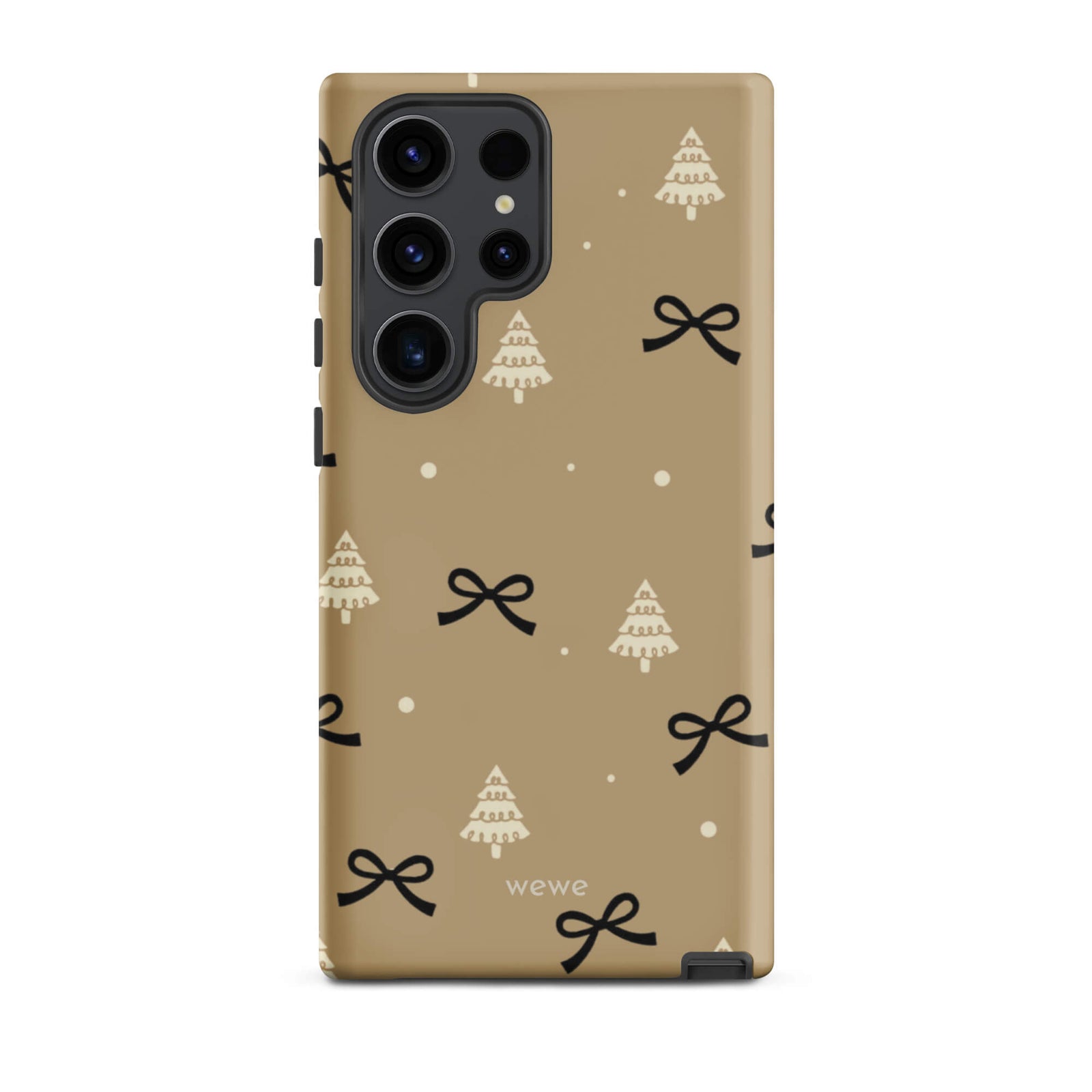Custom samsung galaxy s23 ultra tough case in matte taupe/khaki brown featuring a scattered holiday pattern of small black bows, white doodle Christmas trees, and white snowflakes/dots, with 'wewe' branding at the bottom.