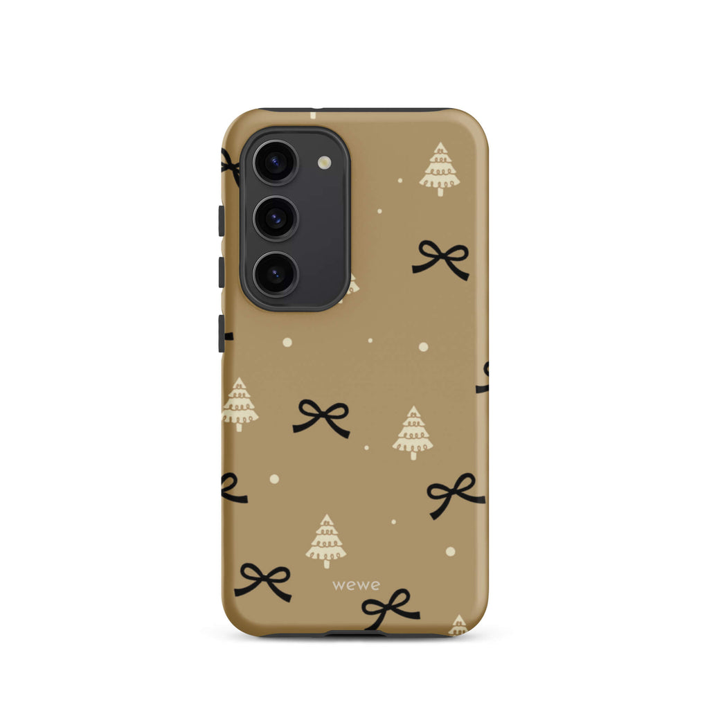 Custom samsung galaxy s23 tough case in matte taupe/khaki brown featuring a scattered holiday pattern of small black bows, white doodle Christmas trees, and white snowflakes/dots, with 'wewe' branding at the bottom.