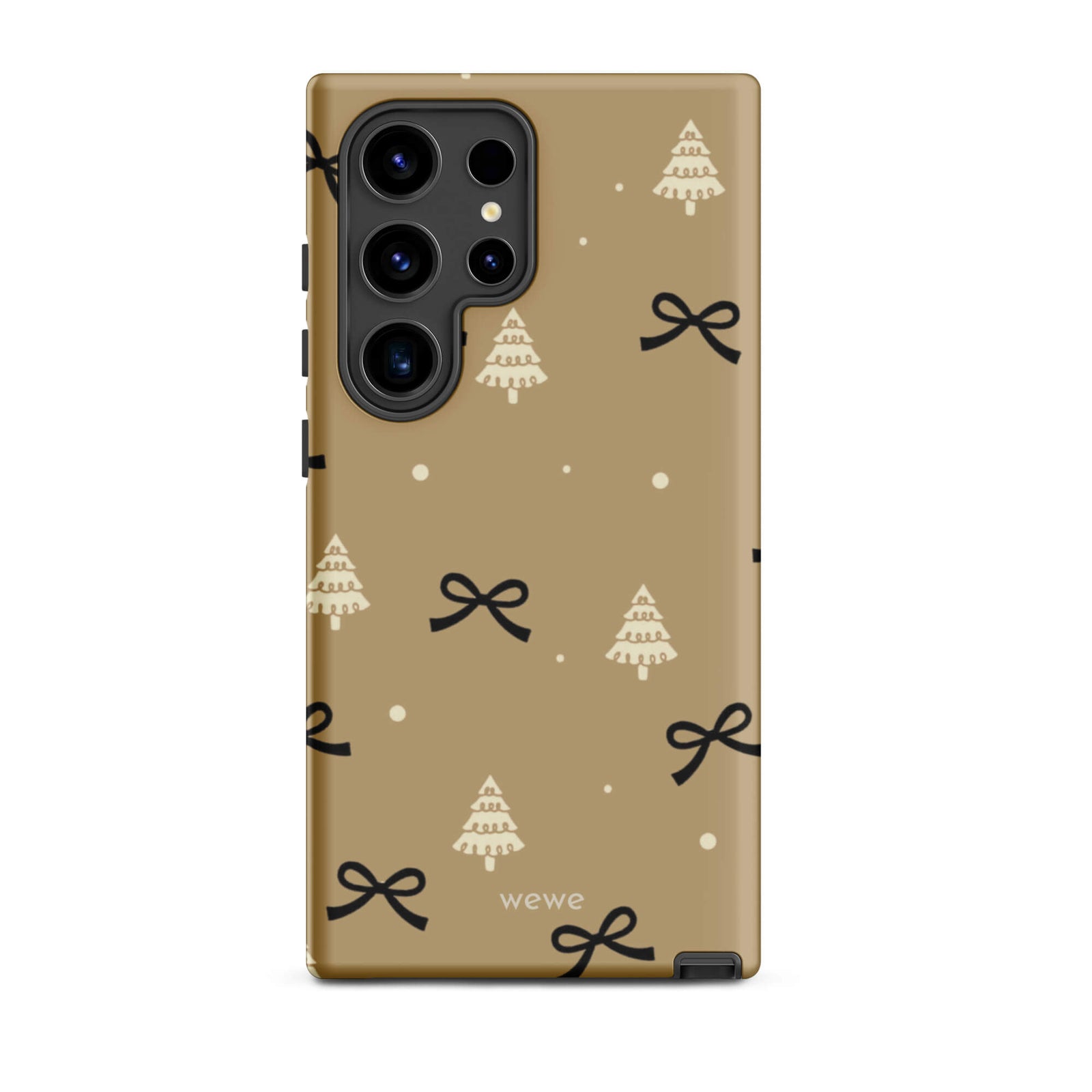 Custom samsung galaxy s24 ultra tough case in matte taupe/khaki brown featuring a scattered holiday pattern of small black bows, white doodle Christmas trees, and white snowflakes/dots, with 'wewe' branding at the bottom.