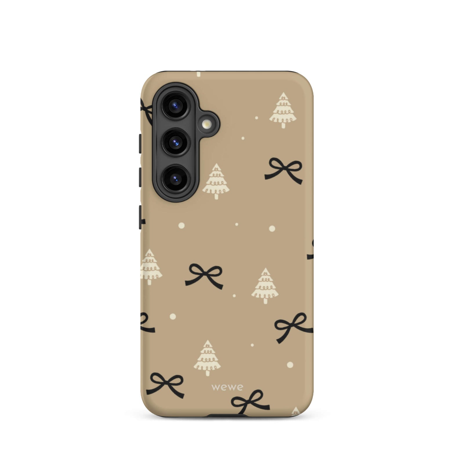 Custom samsung galaxy s24 tough case in matte taupe/khaki brown featuring a scattered holiday pattern of small black bows, white doodle Christmas trees, and white snowflakes/dots, with 'wewe' branding at the bottom.