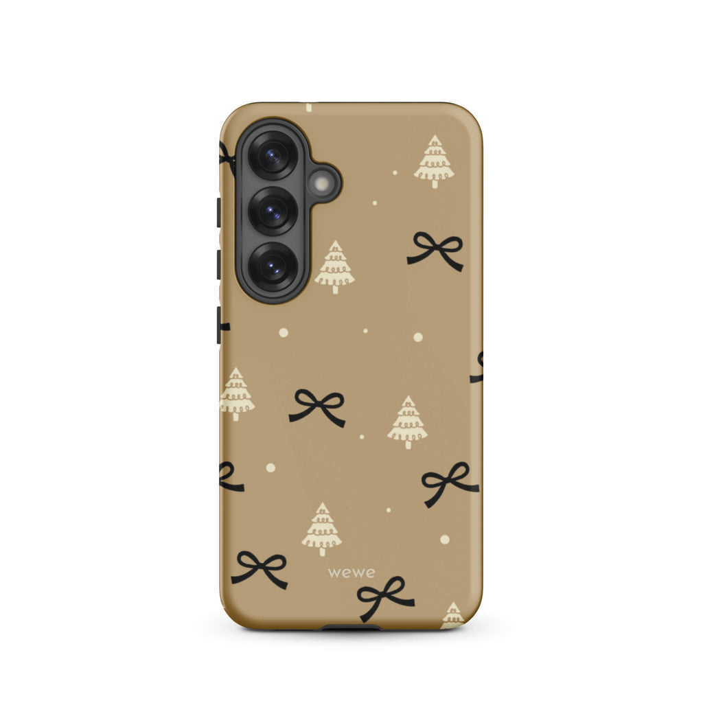Custom samsung galaxy s25 tough case in matte taupe/khaki brown featuring a scattered holiday pattern of small black bows, white doodle Christmas trees, and white snowflakes/dots, with 'wewe' branding at the bottom.