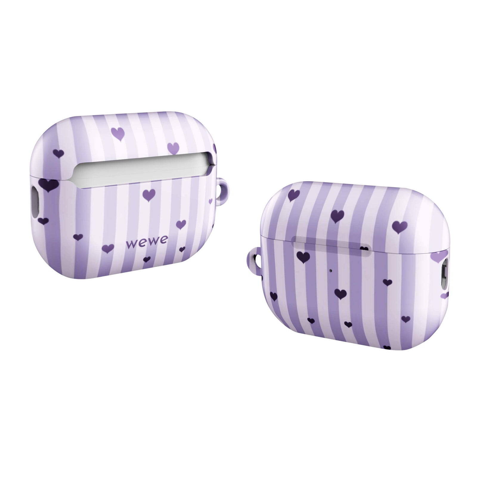 Custom airpods case pro gen2 with a light purple and white vertical stripe background, scattered dark purple hearts.