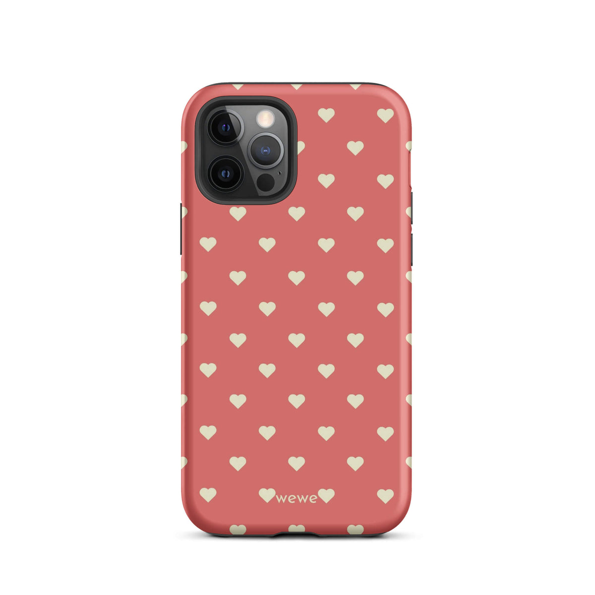 Coral-pink iPhone case with evenly spaced soft-cream mini hearts