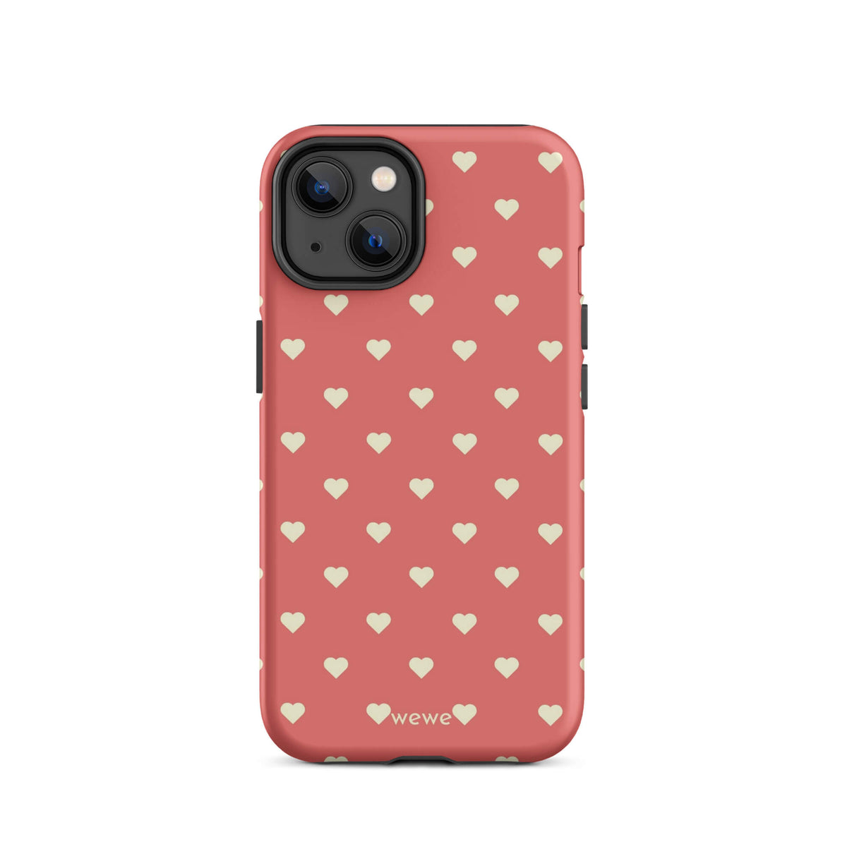 Coral-pink iPhone case with evenly spaced soft-cream mini hearts