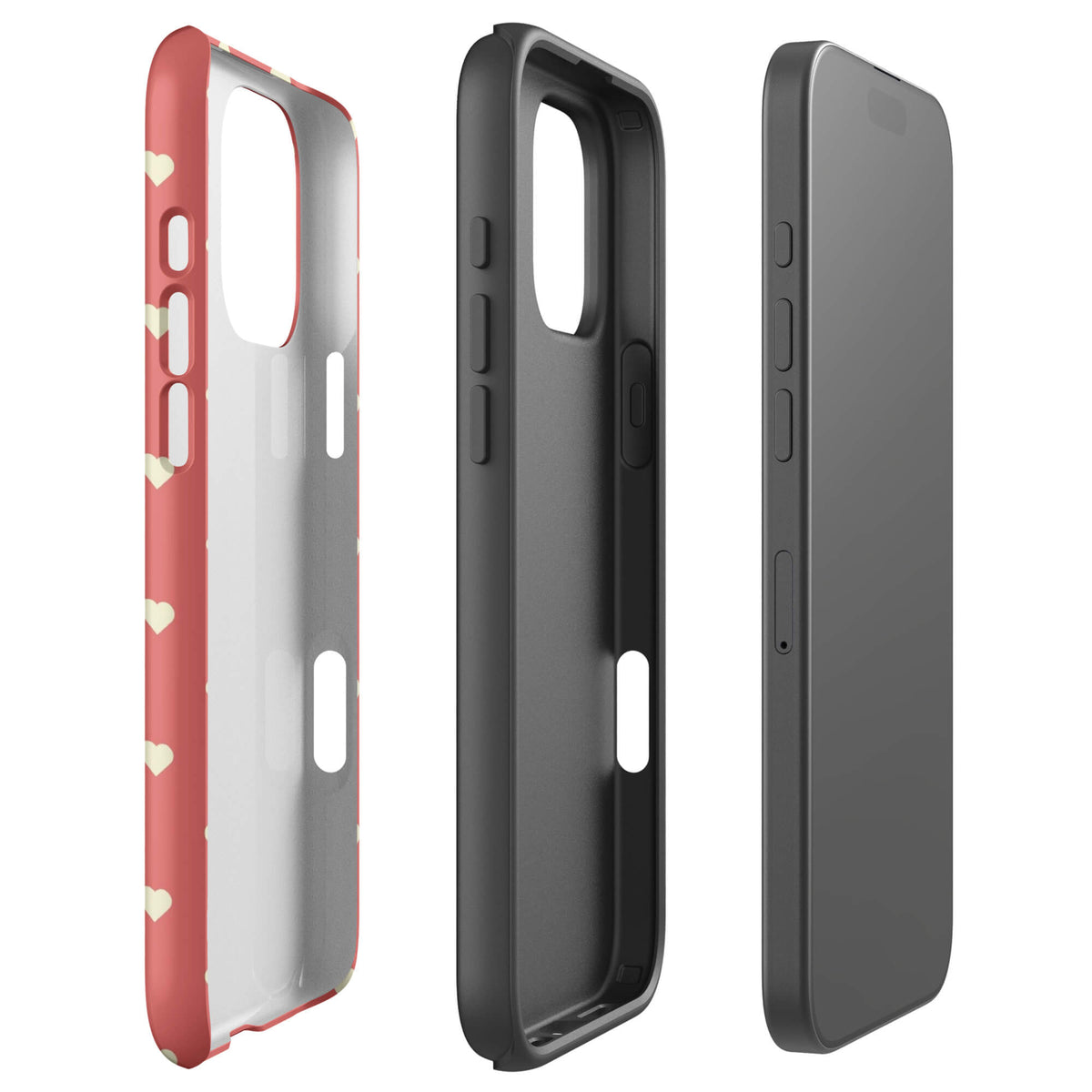 Coral-pink iPhone case with evenly spaced soft-cream mini hearts