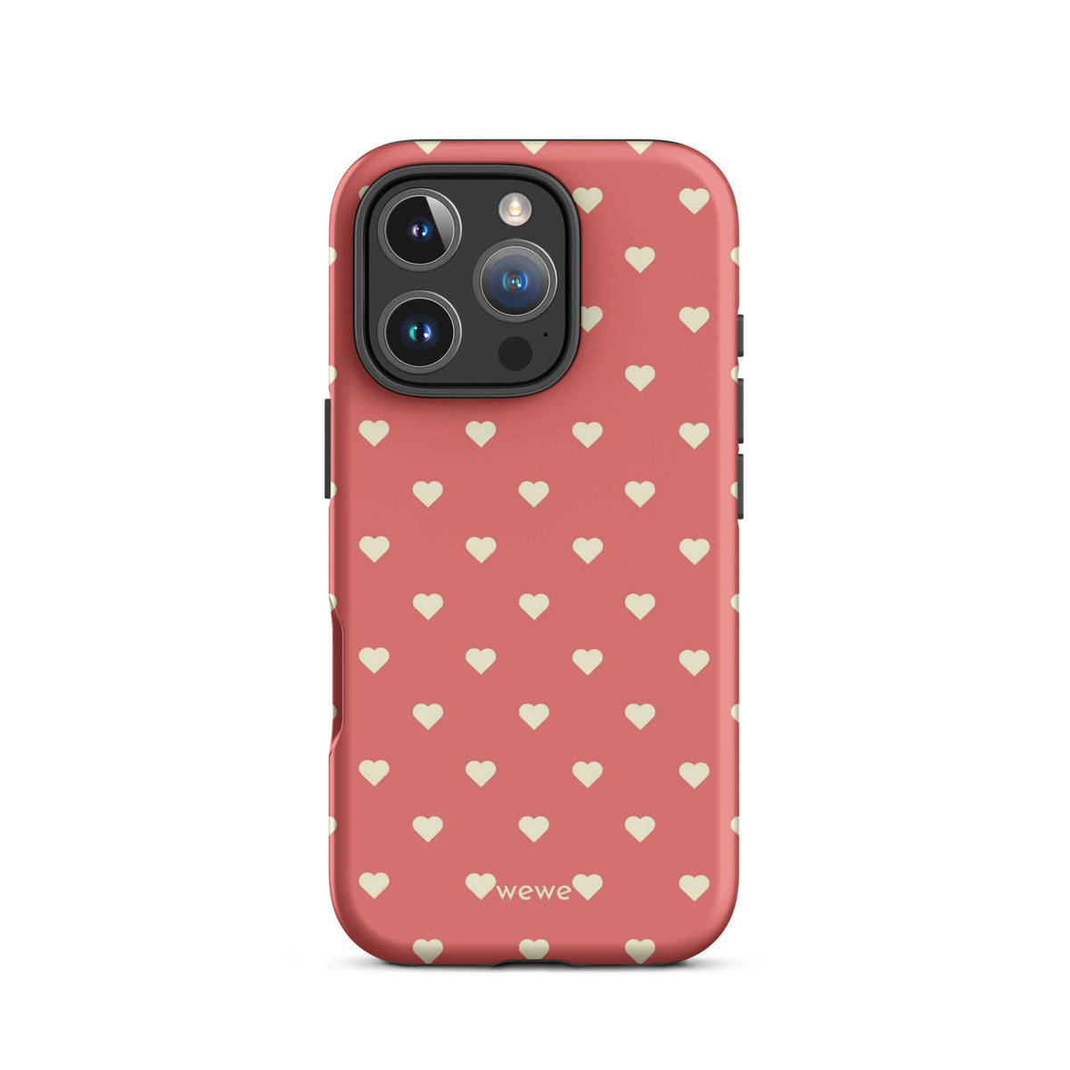 Coral-pink iPhone case with evenly spaced soft-cream mini hearts