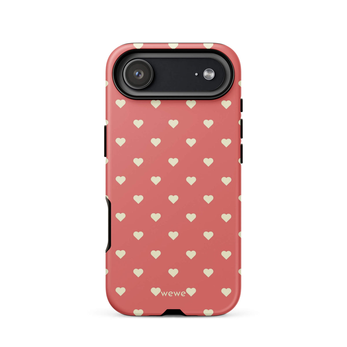 Coral-pink iPhone case with evenly spaced soft-cream mini hearts