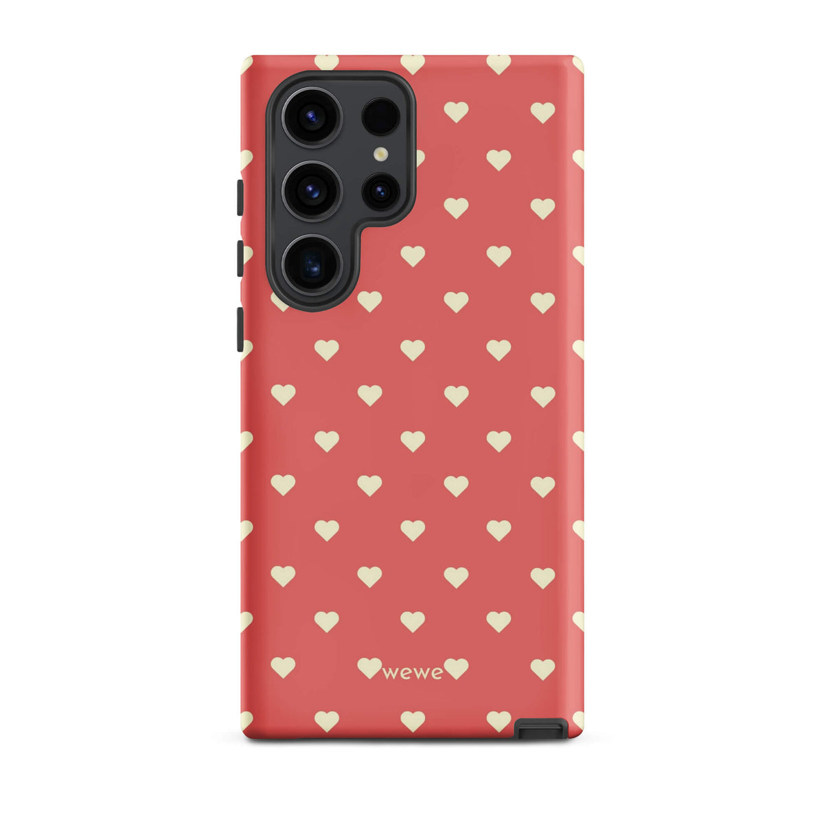 Coral-pink iPhone case with evenly spaced soft-cream mini hearts