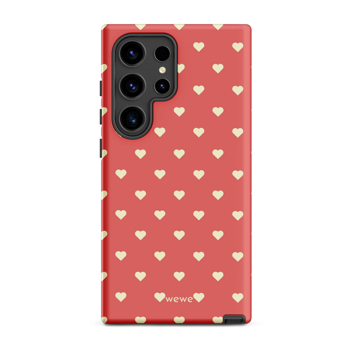 Coral-pink iPhone case with evenly spaced soft-cream mini hearts