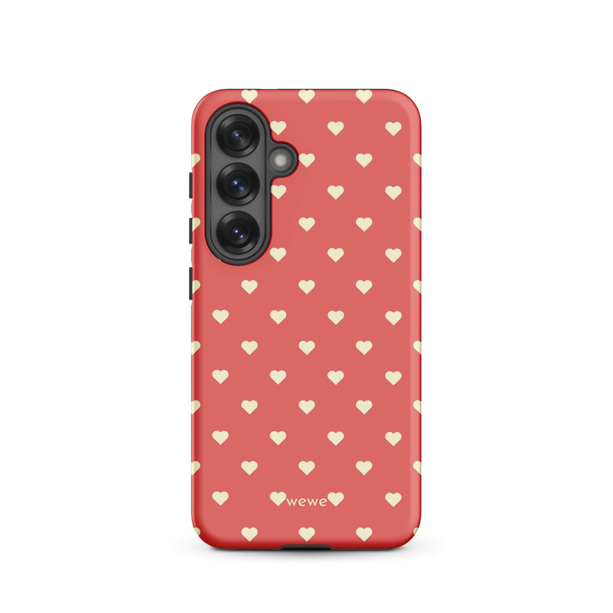 Coral-pink iPhone case with evenly spaced soft-cream mini hearts