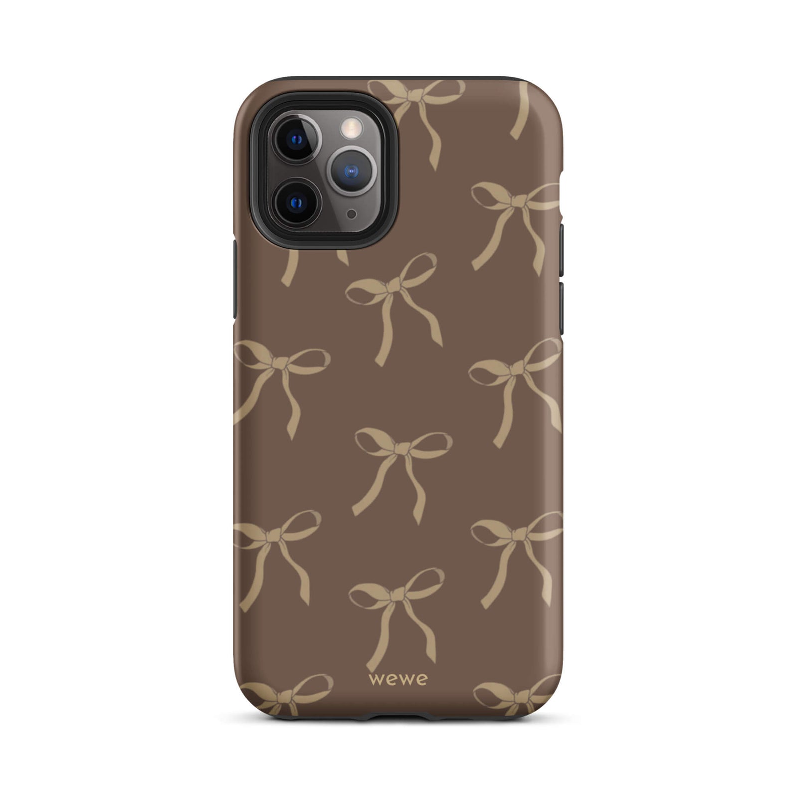 Custom iPhone 11 pro tough case in matte dark espresso brown featuring an all-over repeating pattern of light taupe/tan ribbons/bows, with 'wewe' branding at the bottom.