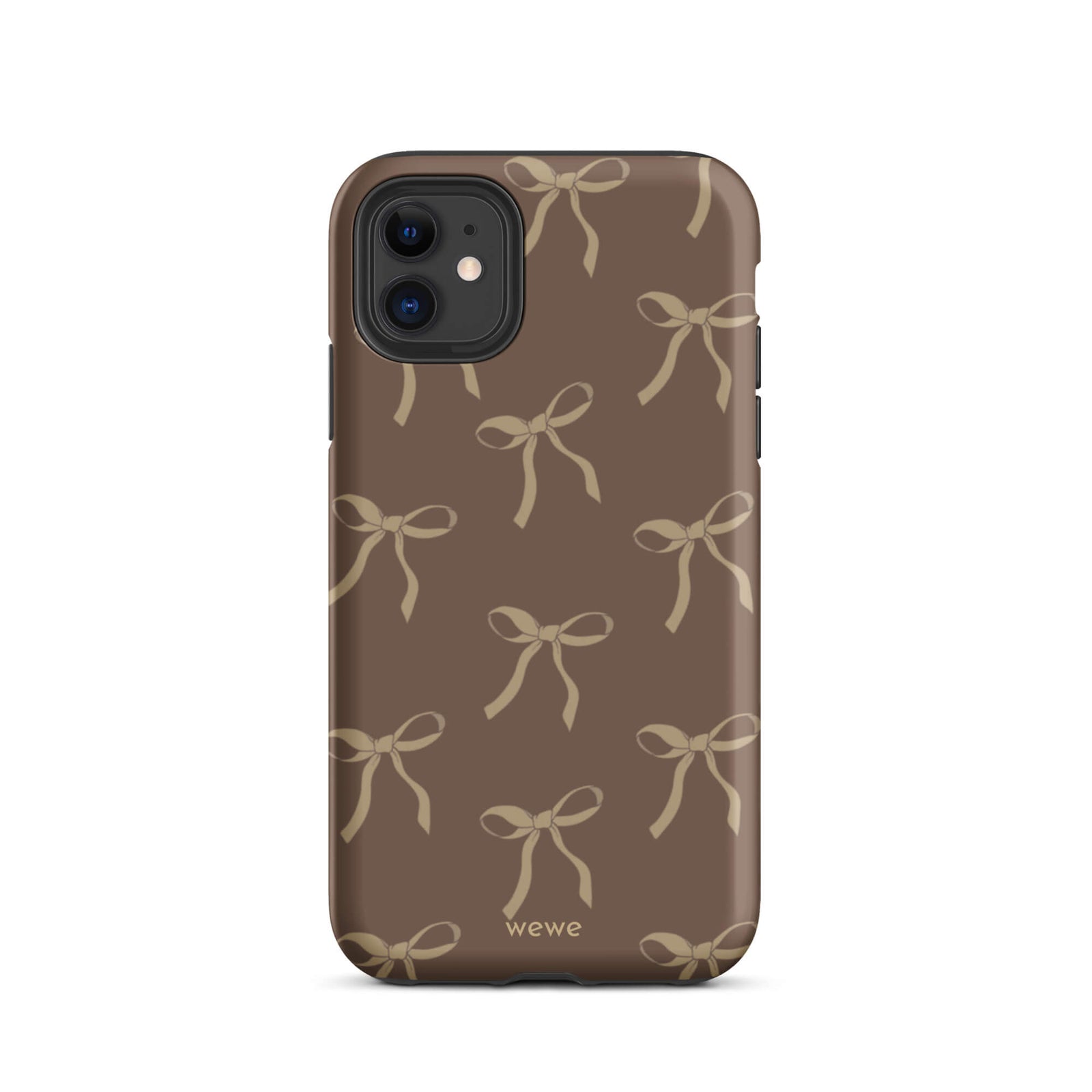 Custom iPhone 11 tough case in matte dark espresso brown featuring an all-over repeating pattern of light taupe/tan ribbons/bows, with 'wewe' branding at the bottom.