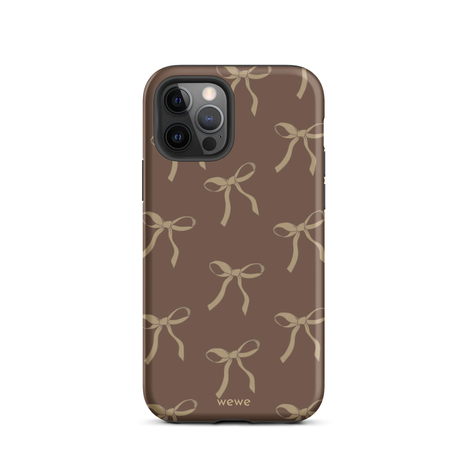 Custom iPhone 12 pro tough case in matte dark espresso brown featuring an all-over repeating pattern of light taupe/tan ribbons/bows, with 'wewe' branding at the bottom.