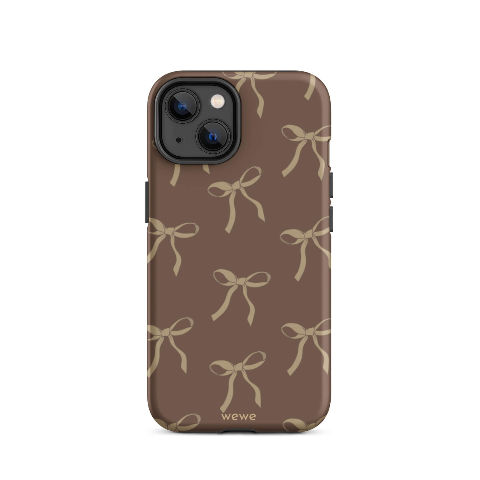 Custom iPhone 14 tough case in matte dark espresso brown featuring an all-over repeating pattern of light taupe/tan ribbons/bows, with 'wewe' branding at the bottom.