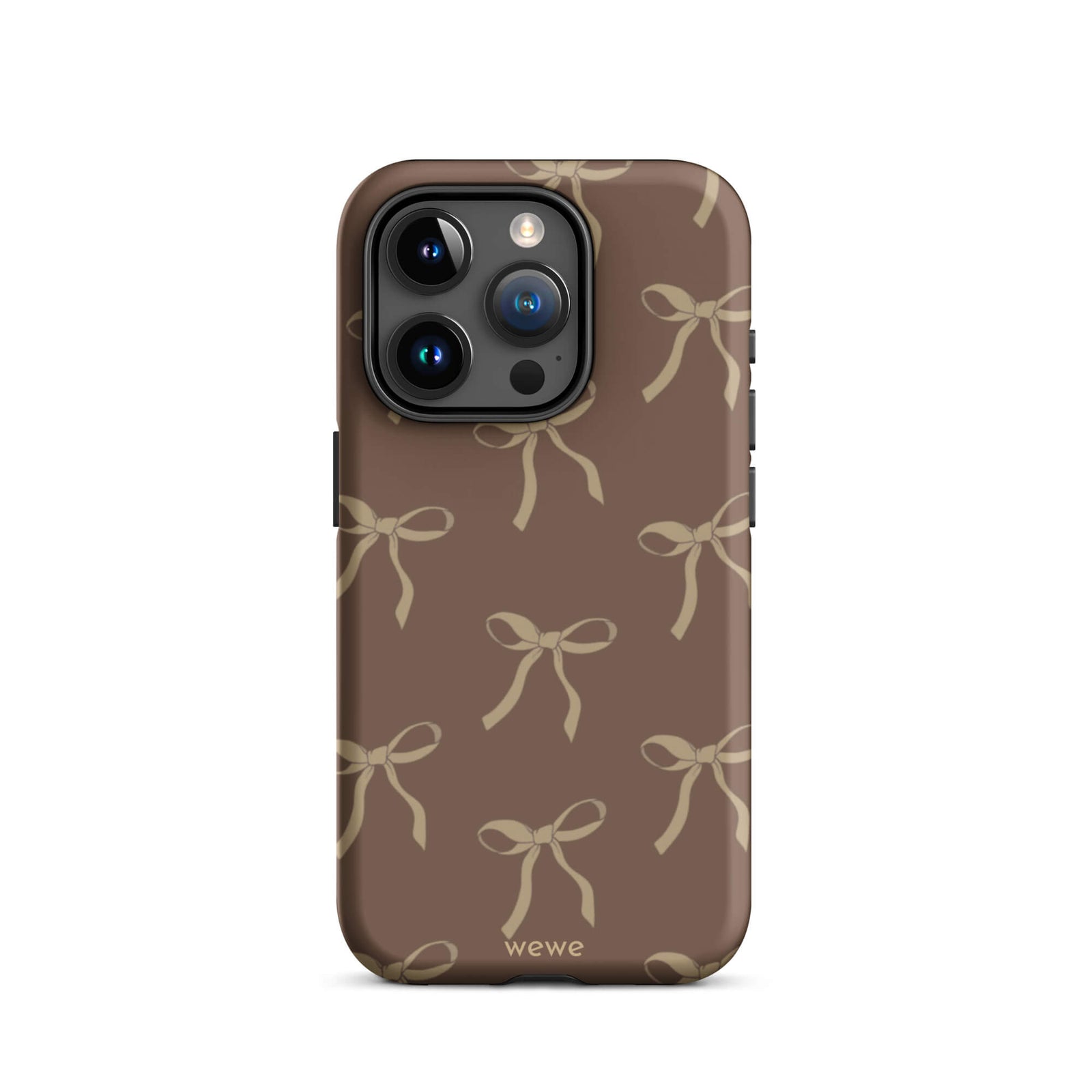 Custom iPhone 15 pro tough case in matte dark espresso brown featuring an all-over repeating pattern of light taupe/tan ribbons/bows, with 'wewe' branding at the bottom.