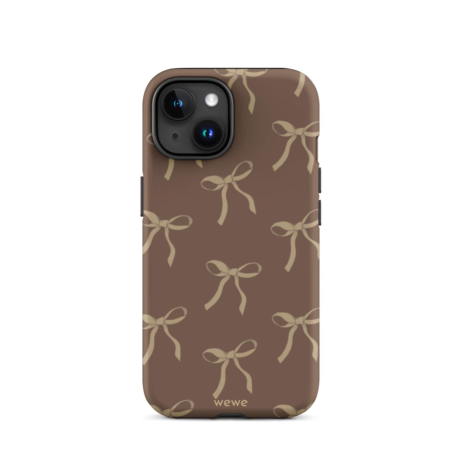 Custom iPhone 15 tough case in matte dark espresso brown featuring an all-over repeating pattern of light taupe/tan ribbons/bows, with 'wewe' branding at the bottom.