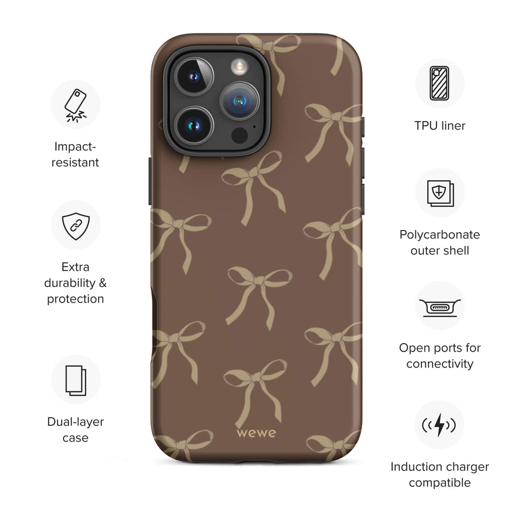 Custom espresso bows iphone case 16 pro max wireless charging compatible.