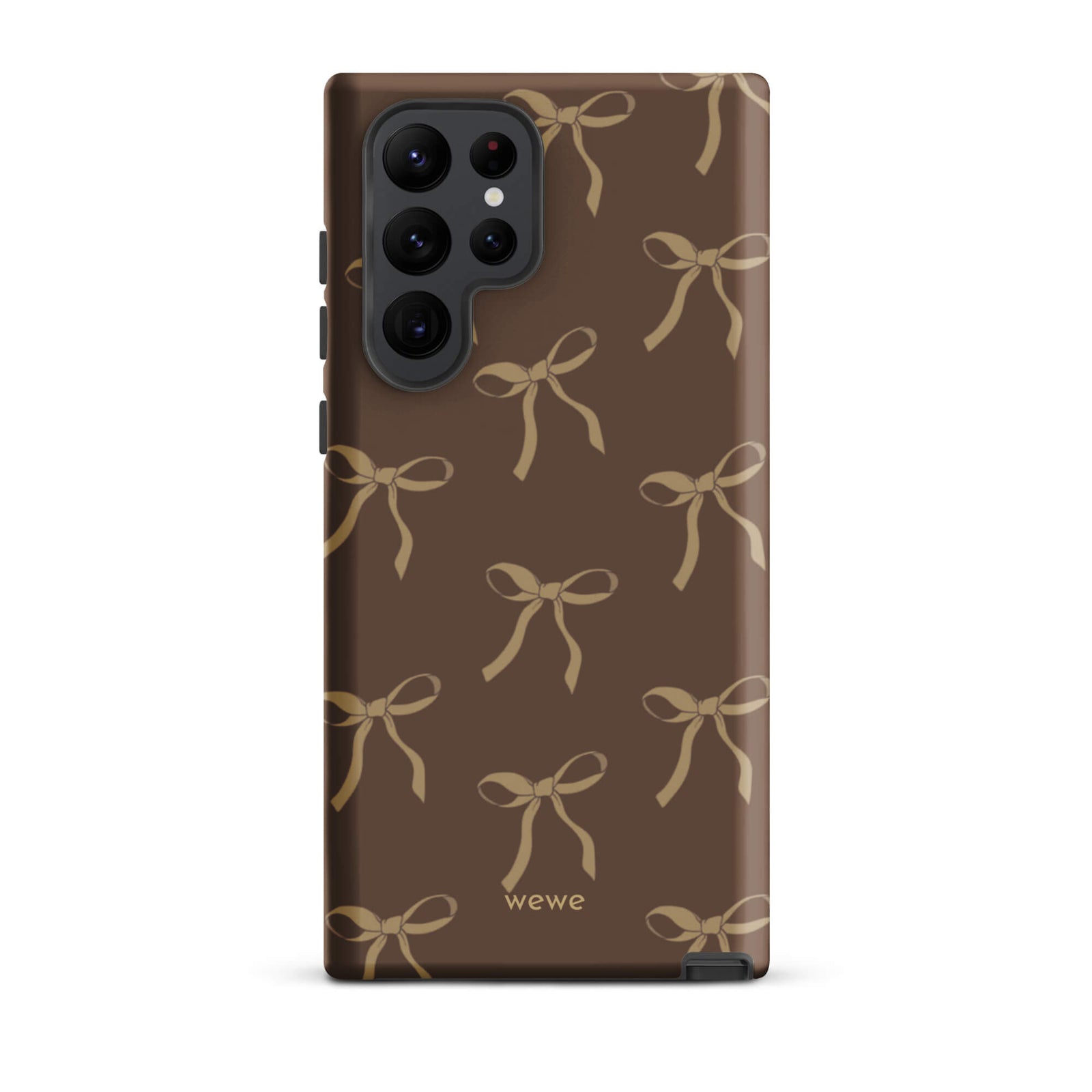 Custom samsung galaxy s22 ultra tough case in matte dark espresso brown featuring an all-over repeating pattern of light taupe/tan ribbons/bows, with 'wewe' branding at the bottom.