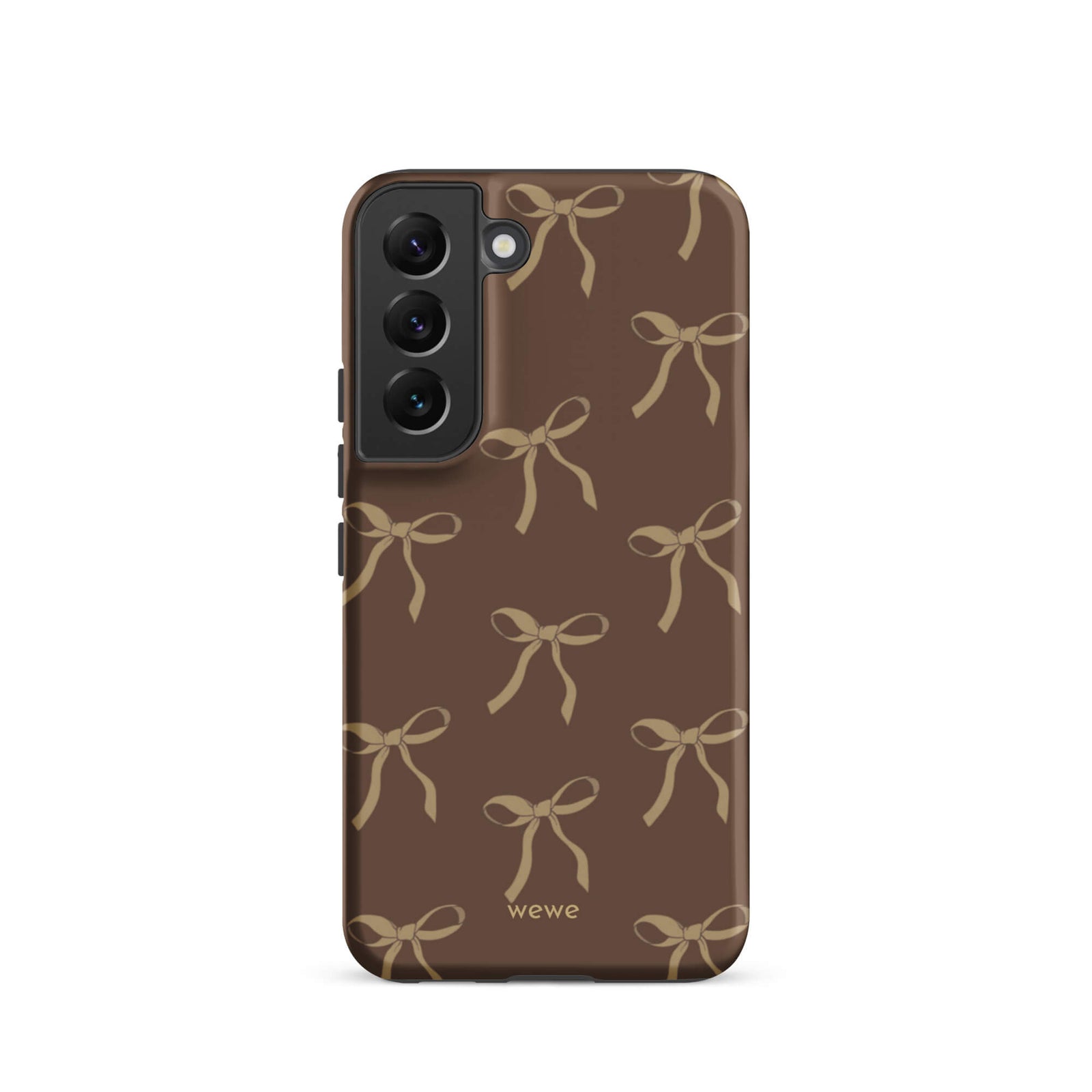 Custom samsung galaxy s22 tough case in matte dark espresso brown featuring an all-over repeating pattern of light taupe/tan ribbons/bows, with 'wewe' branding at the bottom.