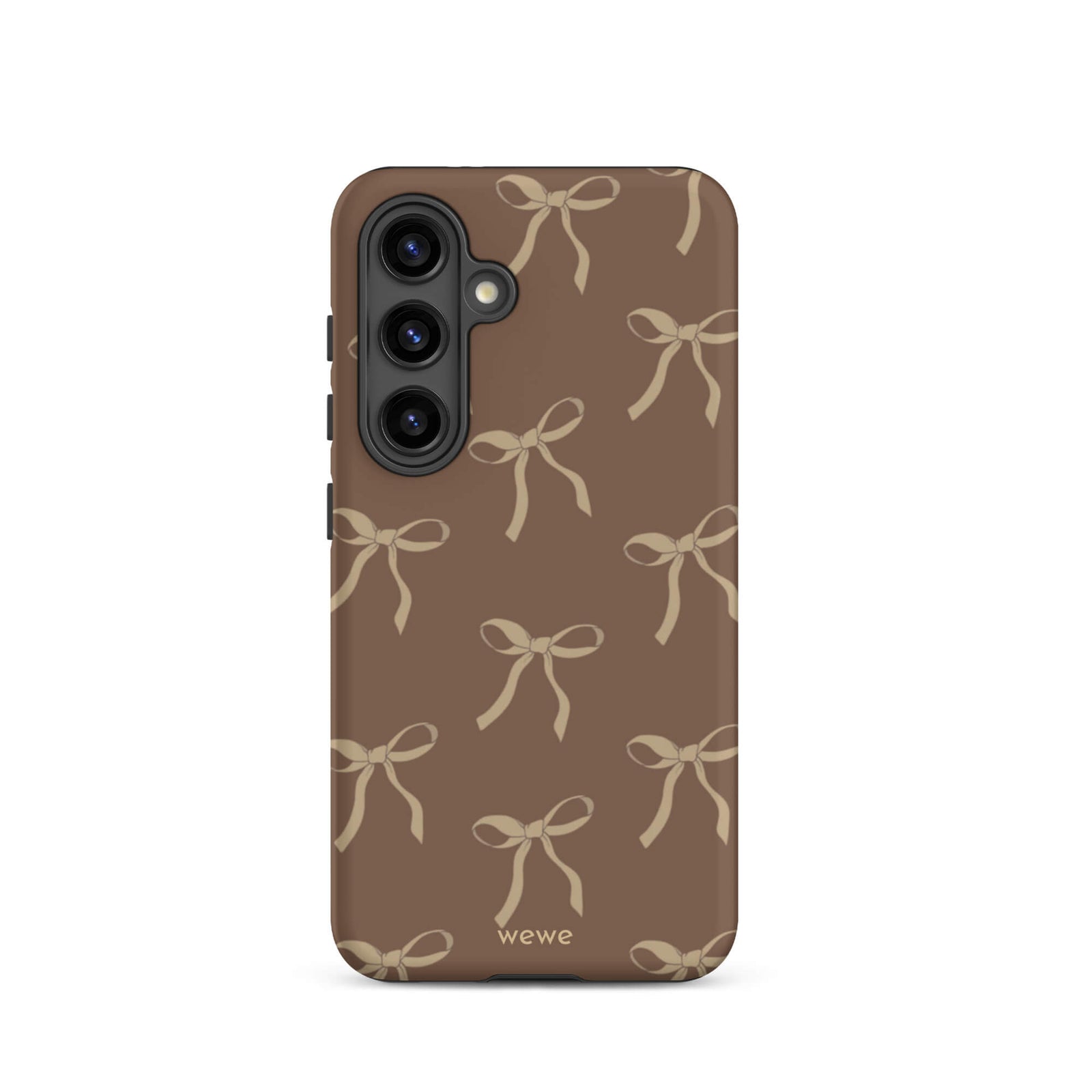 Custom samsung galaxy s24 tough case in matte dark espresso brown featuring an all-over repeating pattern of light taupe/tan ribbons/bows, with 'wewe' branding at the bottom.