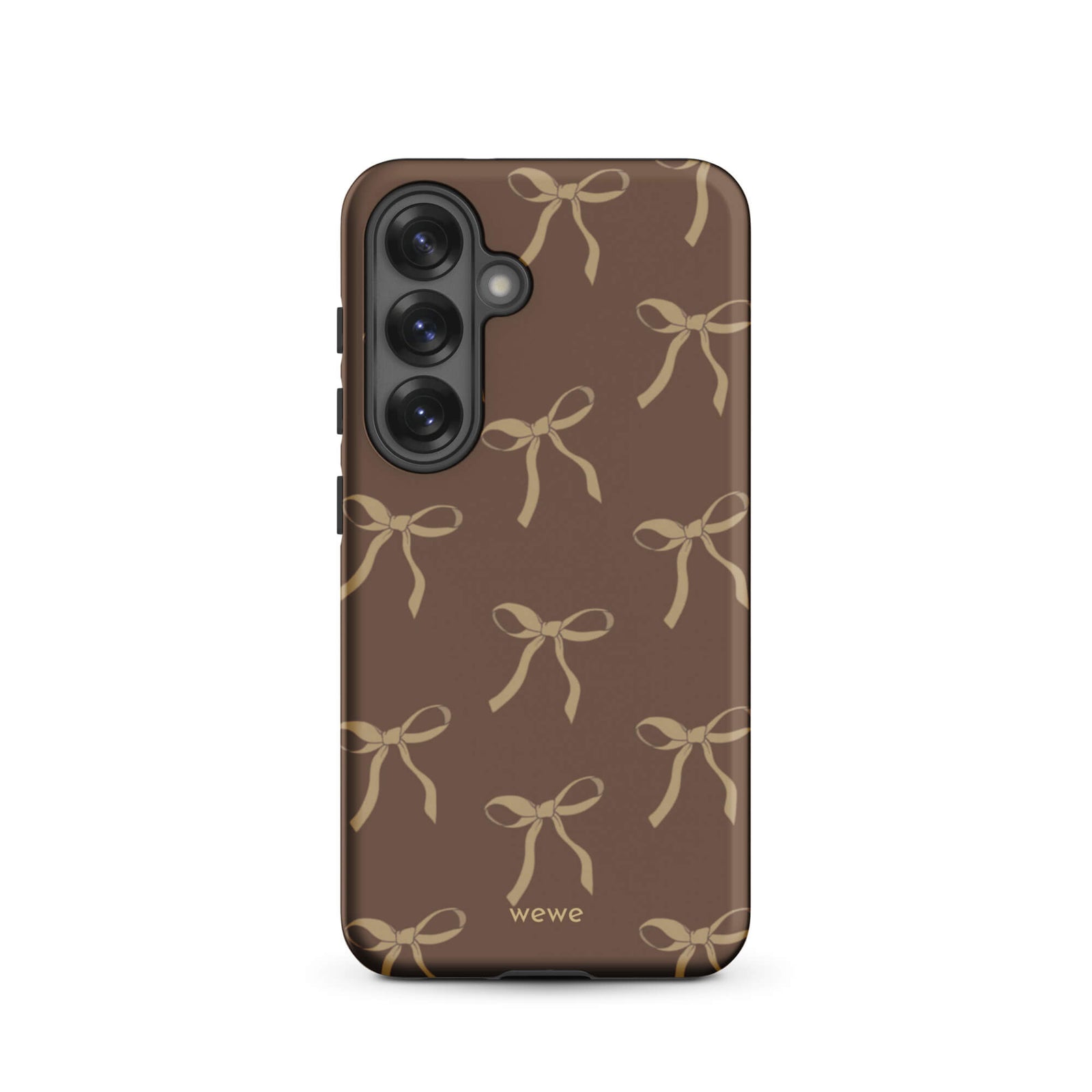 Custom samsung galaxy s25 tough case in matte dark espresso brown featuring an all-over repeating pattern of light taupe/tan ribbons/bows, with 'wewe' branding at the bottom.