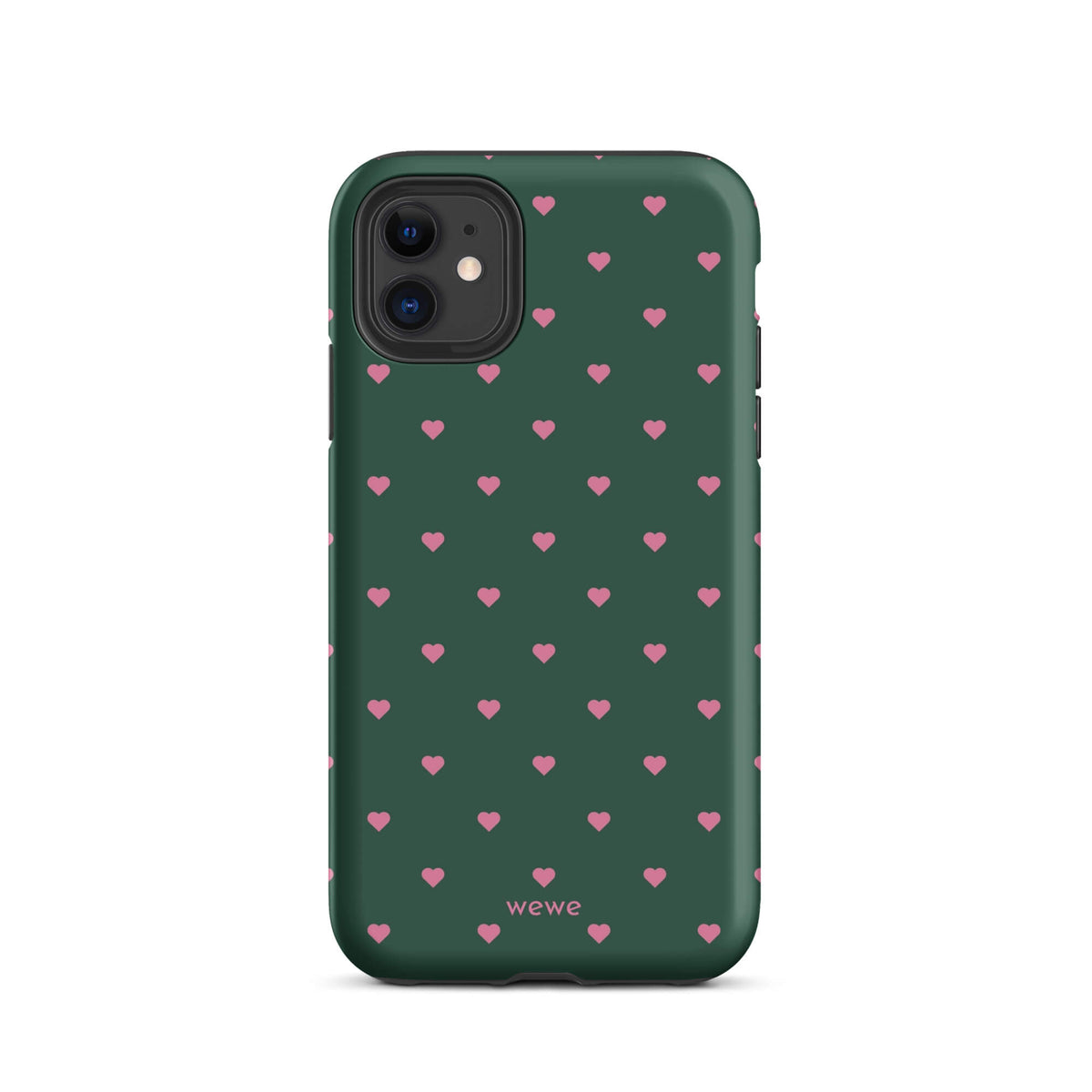 Deep forest-green iPhone case with evenly spaced vivid-pink mini hearts