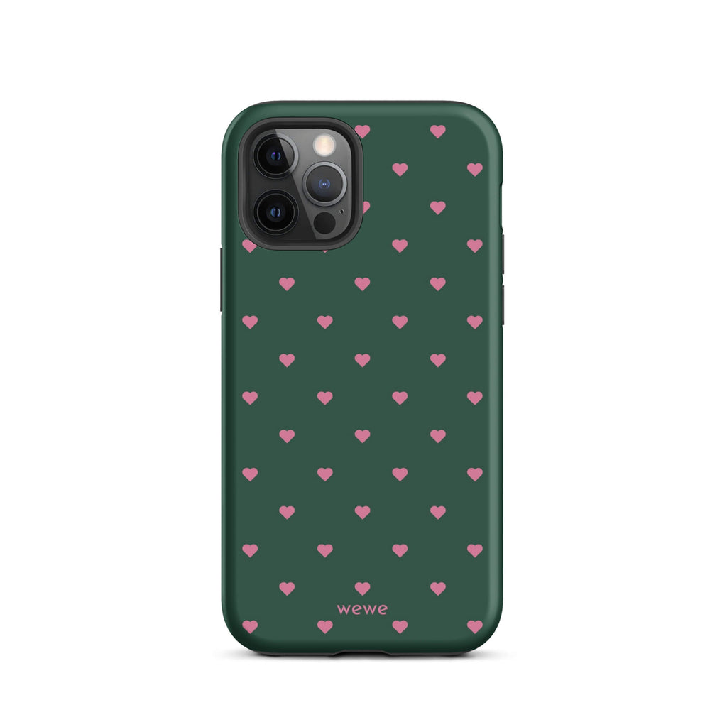 Deep forest-green iPhone case with evenly spaced vivid-pink mini hearts