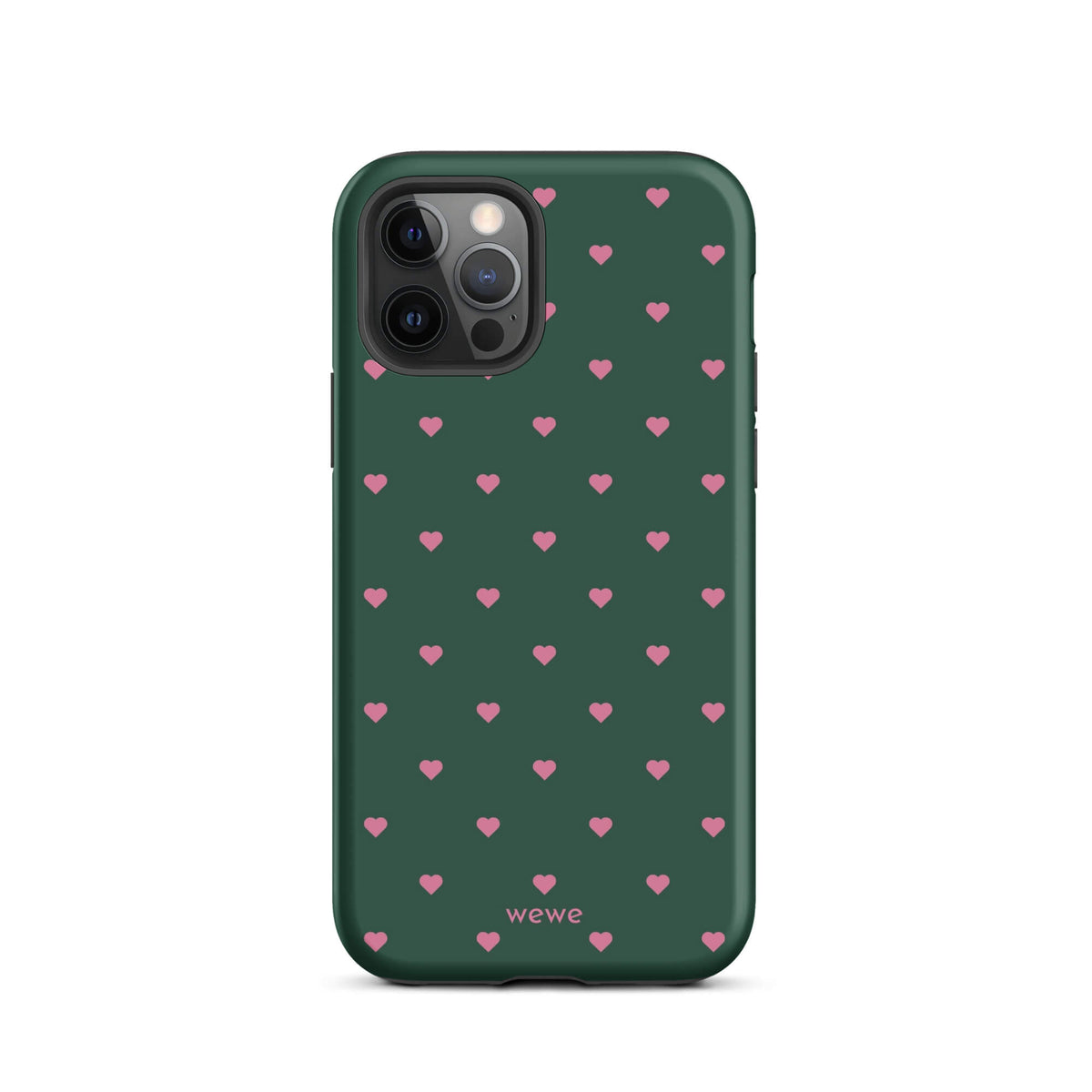 Deep forest-green iPhone case with evenly spaced vivid-pink mini hearts