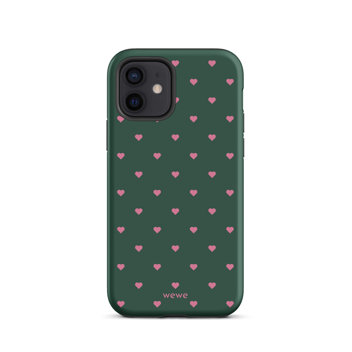 Deep forest-green iPhone case with evenly spaced vivid-pink mini hearts