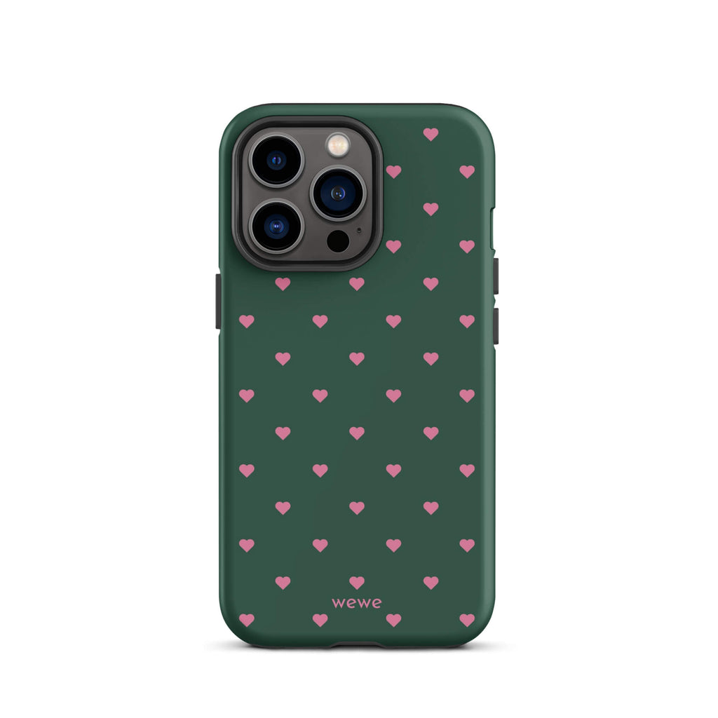 Deep forest-green iPhone case with evenly spaced vivid-pink mini hearts