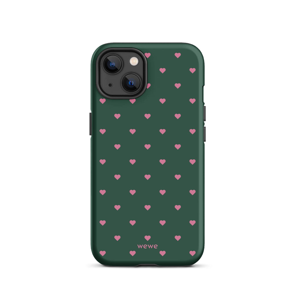 Deep forest-green iPhone case with evenly spaced vivid-pink mini hearts