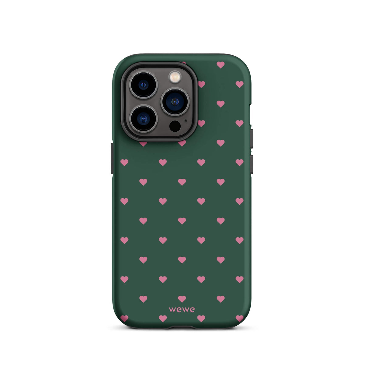 Deep forest-green iPhone case with evenly spaced vivid-pink mini hearts