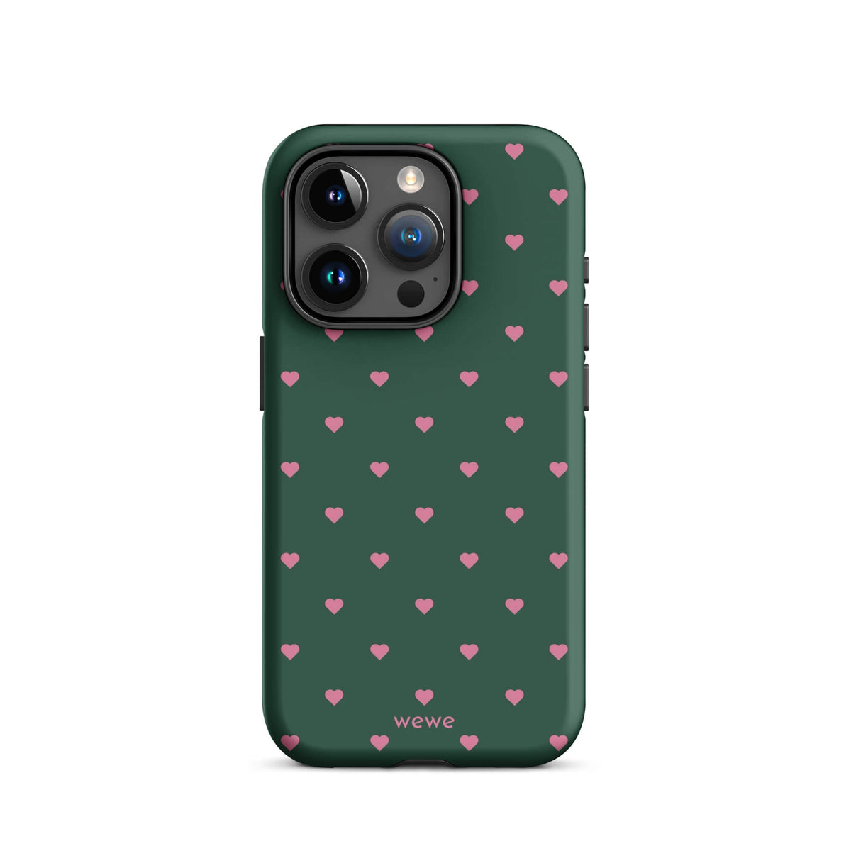 Deep forest-green iPhone case with evenly spaced vivid-pink mini hearts