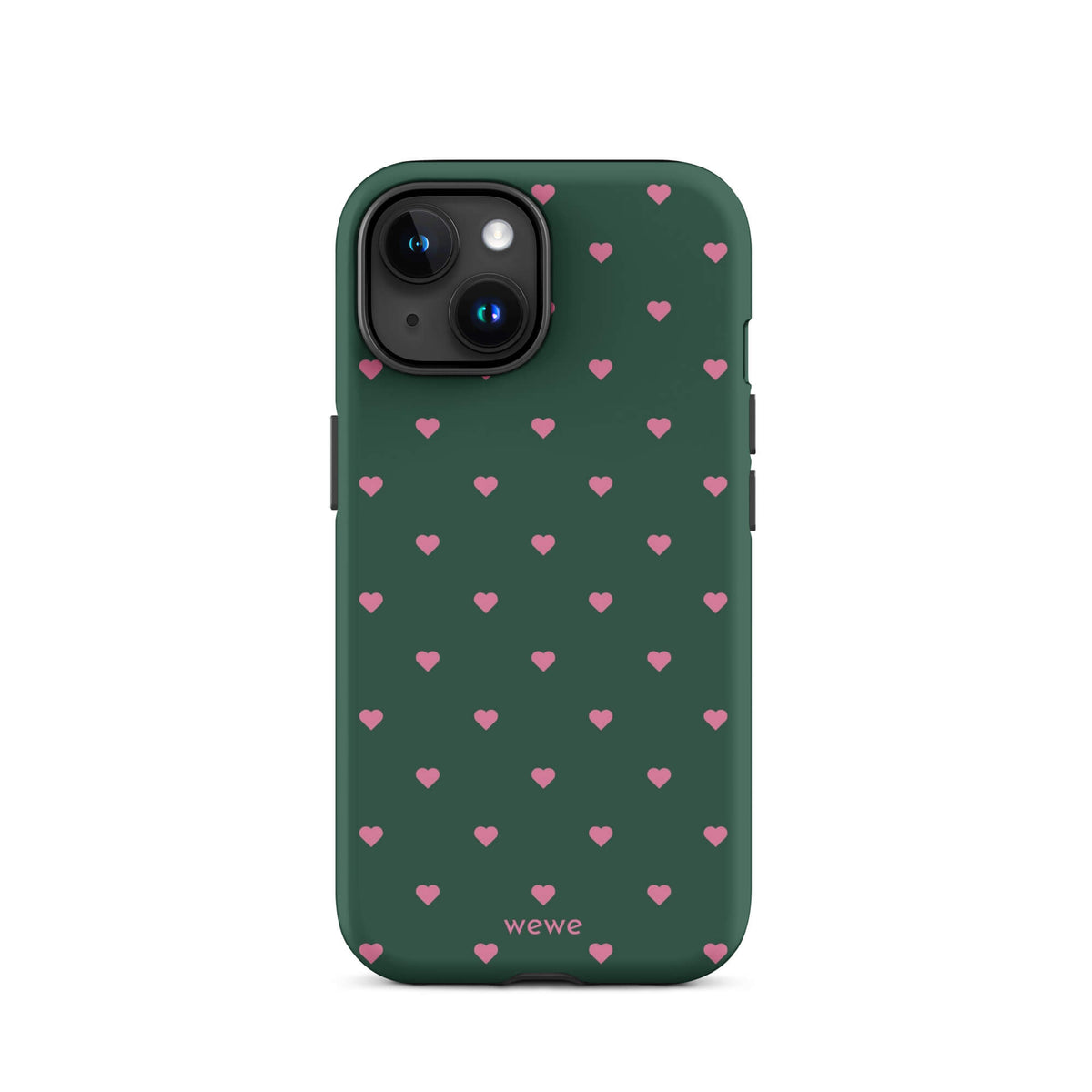 Deep forest-green iPhone case with evenly spaced vivid-pink mini hearts
