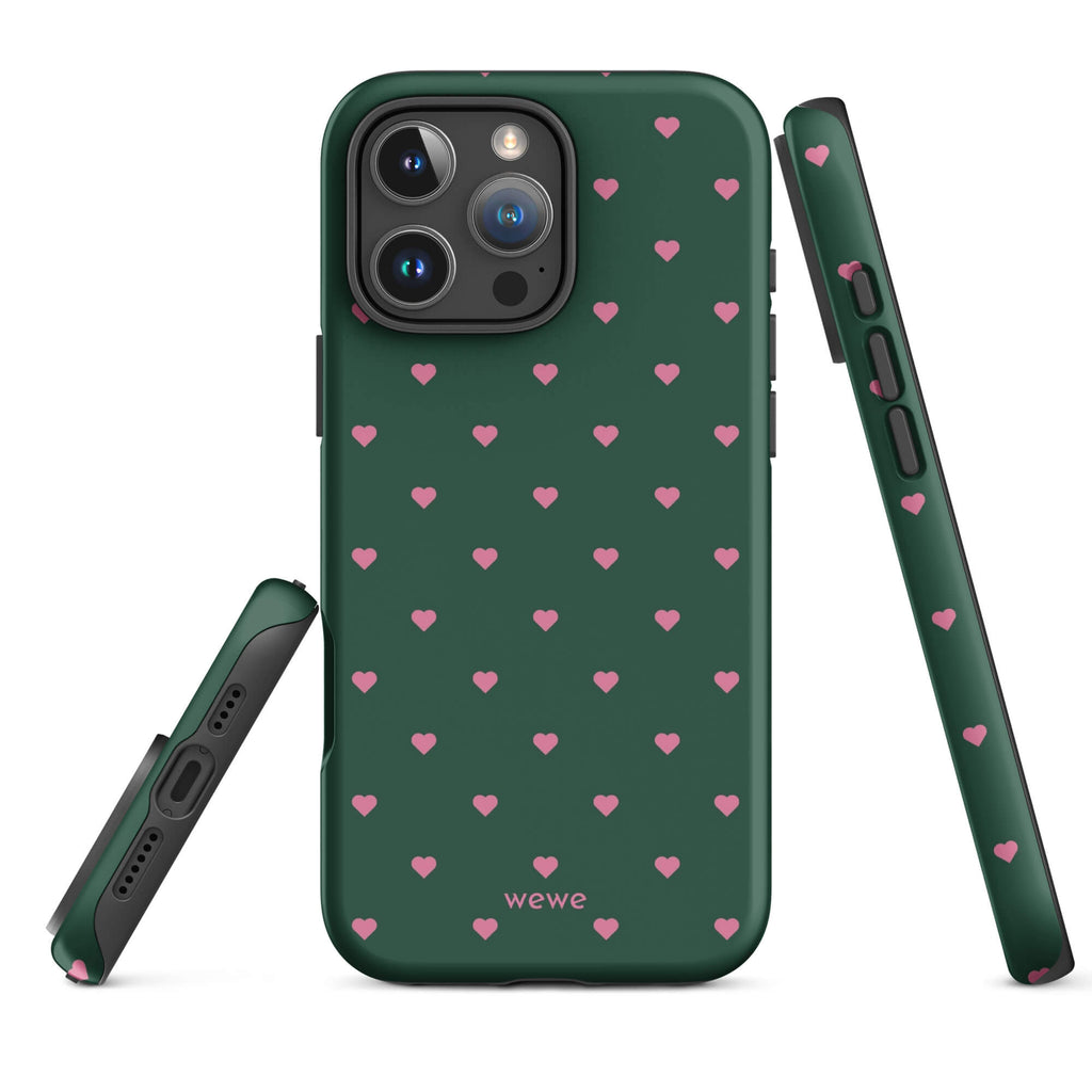 Deep forest-green iPhone case with evenly spaced vivid-pink mini hearts