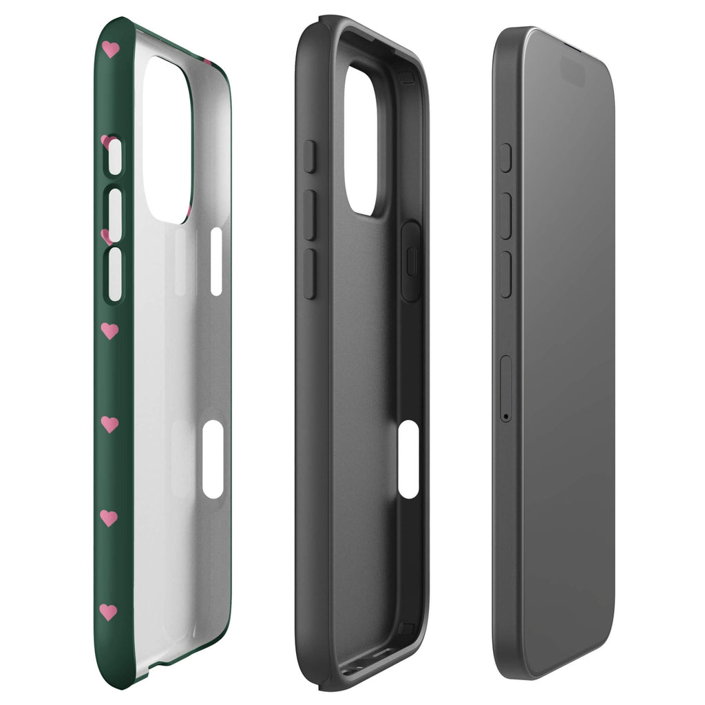 Deep forest-green iPhone case with evenly spaced vivid-pink mini hearts