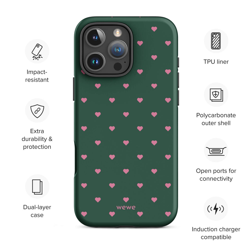 Deep forest-green iPhone case with evenly spaced vivid-pink mini hearts