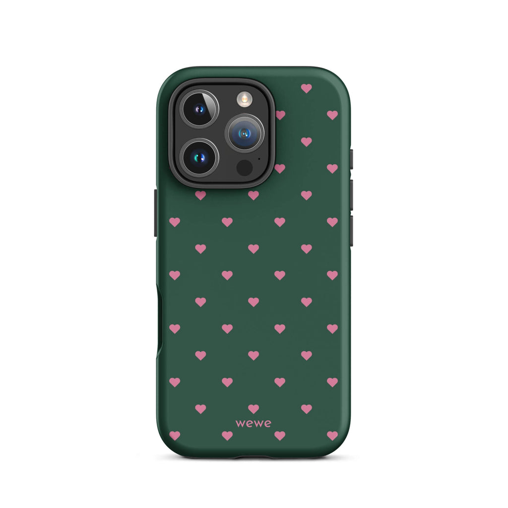 Deep forest-green iPhone case with evenly spaced vivid-pink mini hearts