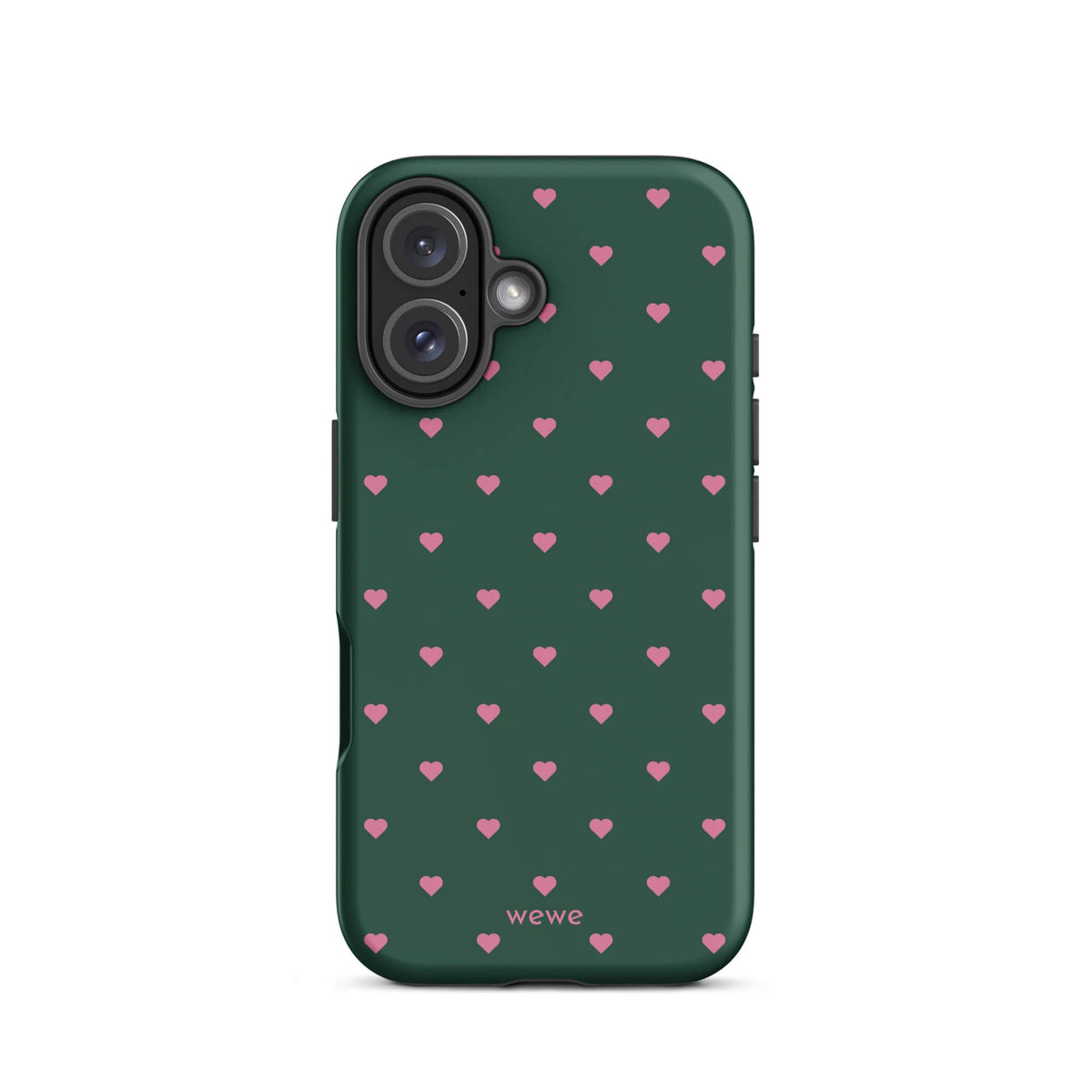 Deep forest-green iPhone case with evenly spaced vivid-pink mini hearts